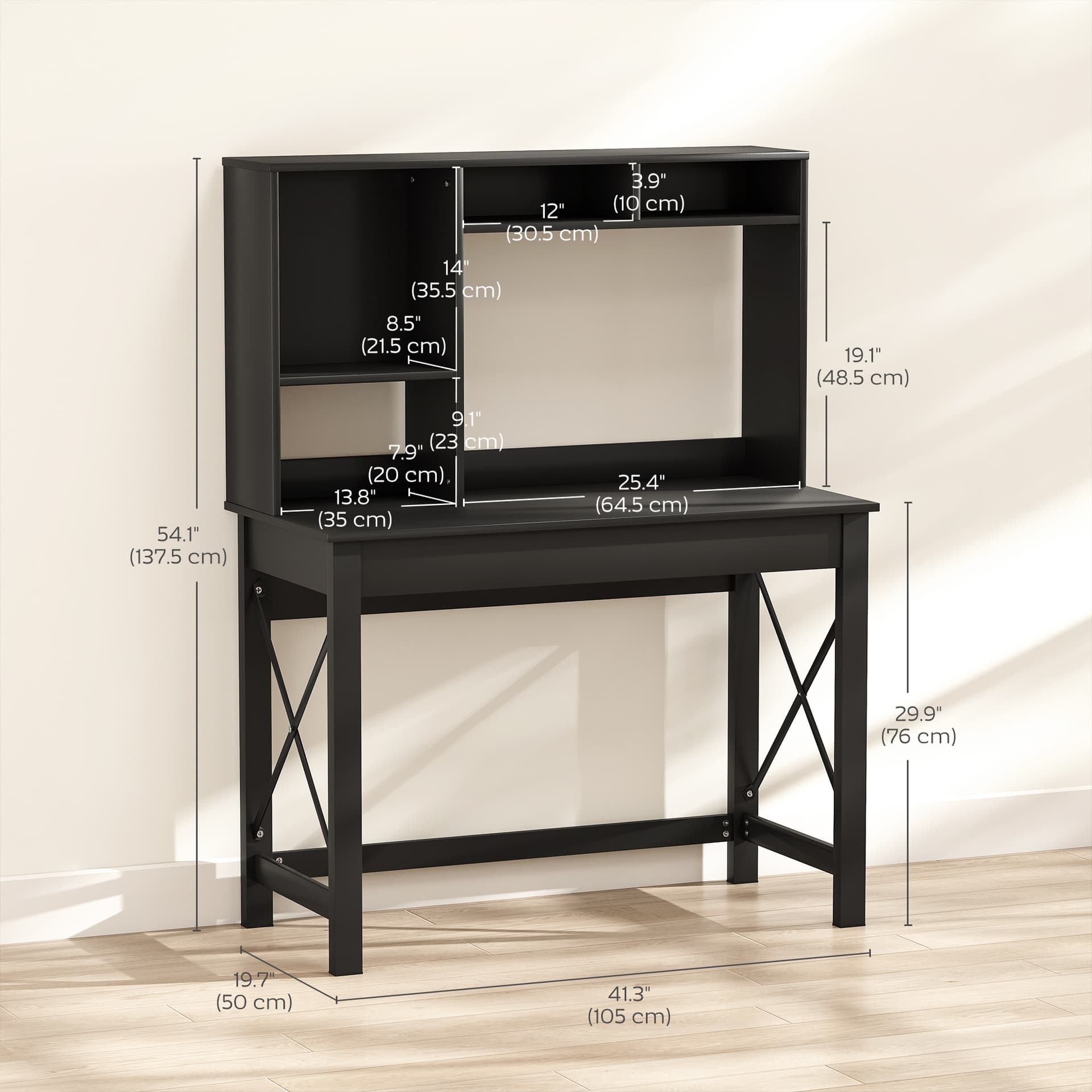 Computer Desk with Hutch, Home Office Table with Storage Shelves and Open Compartments for Writing, Work, Black