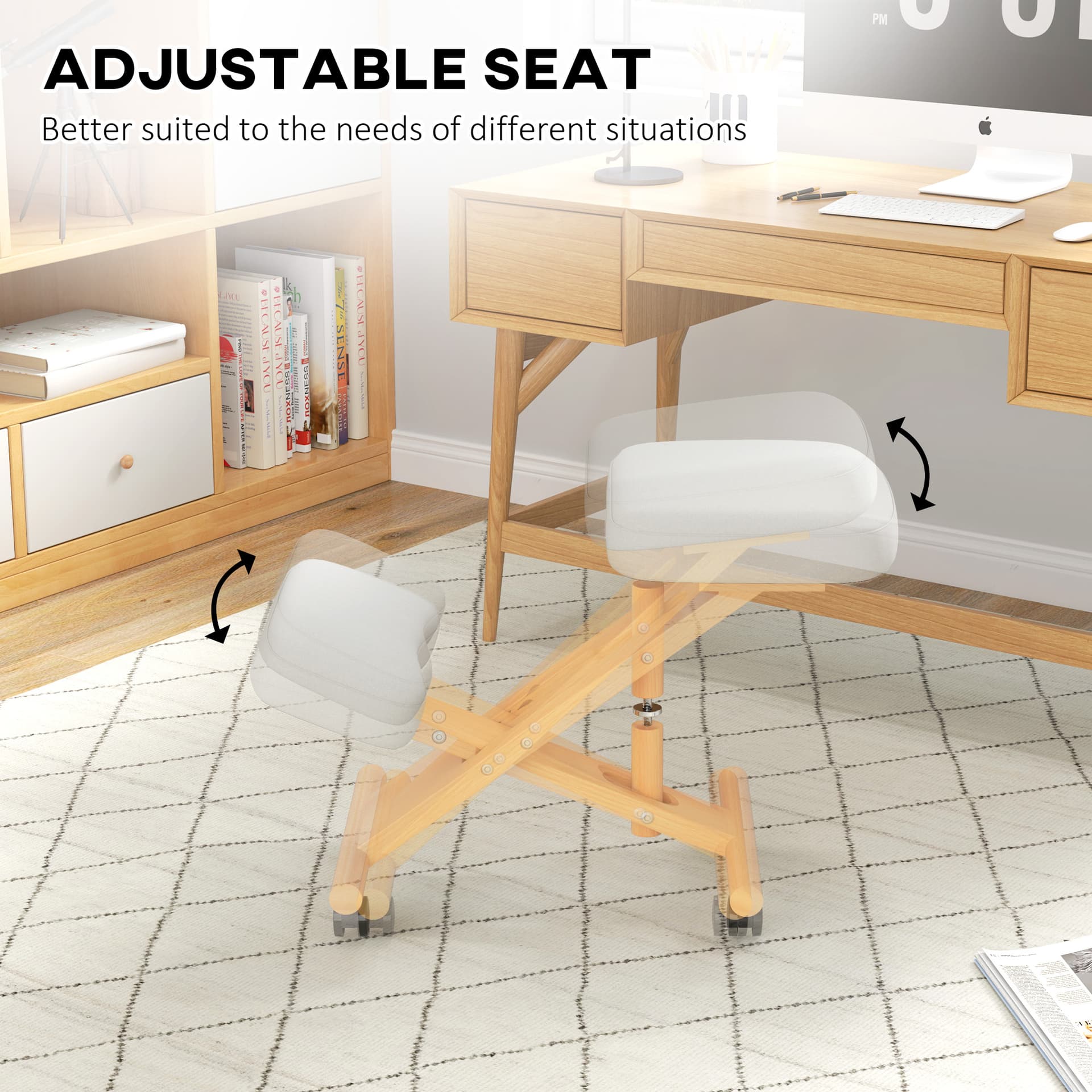 Ergonomic Kneeling Chair, Posture Chair with Rubberwood Frame, Wheels for Office, Posture Correction, Cream White