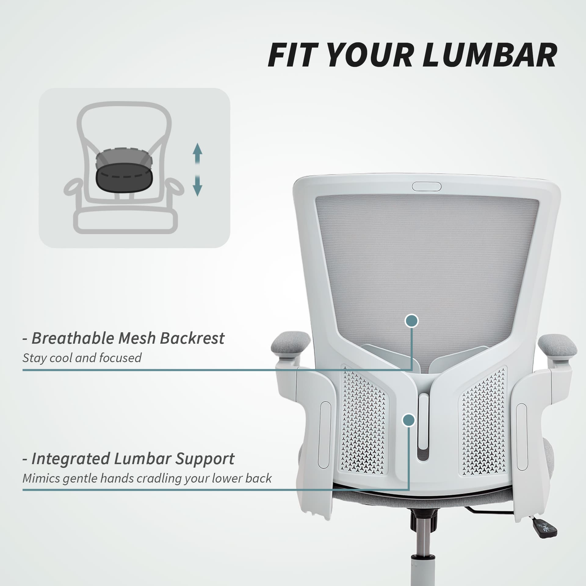 Ergonomic Office Chair, Swivel Desk Chair with Adjustable Lumbar Support and Height, Flip-up Armrests, Wheels, Grey