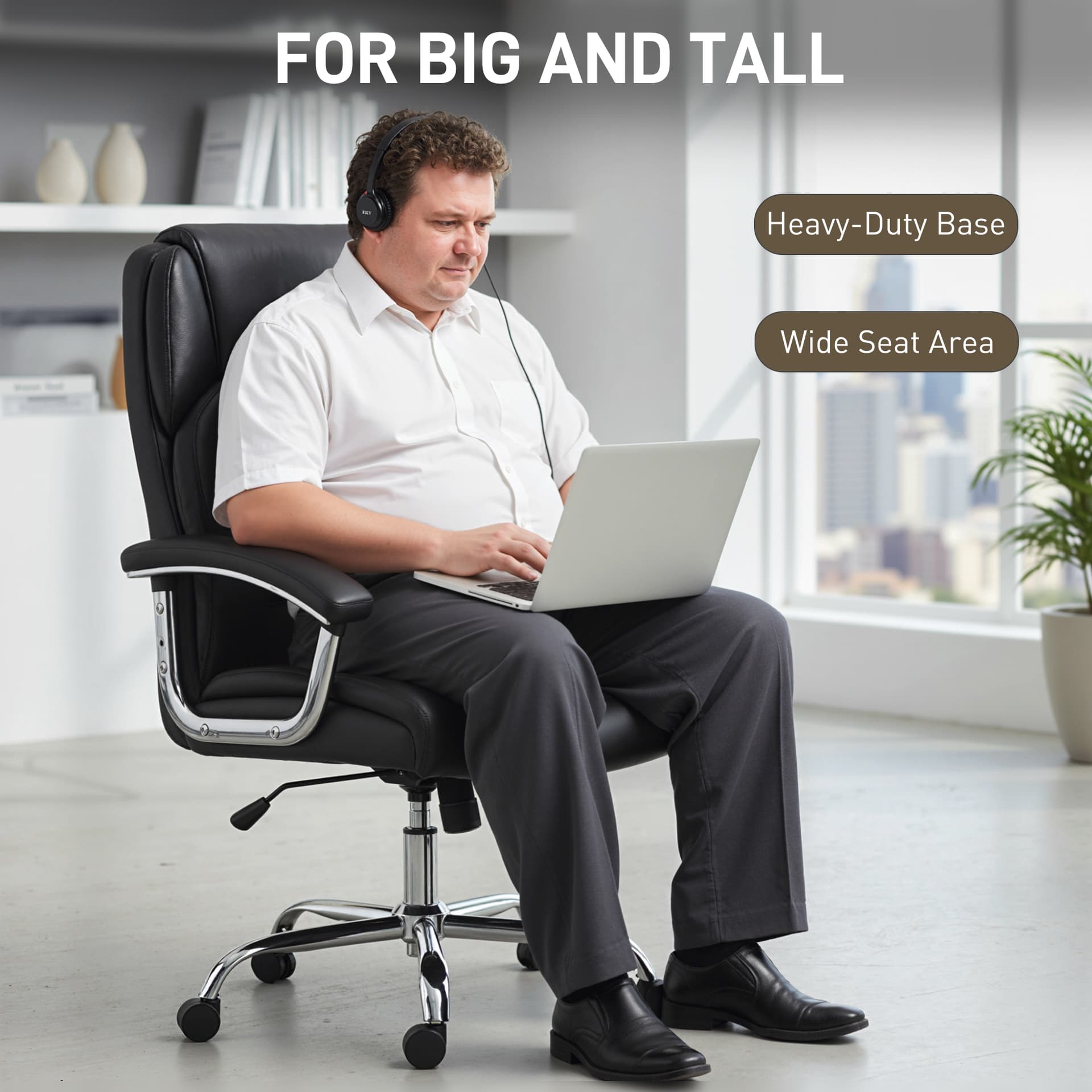 Big and Tall Office Chair 400 lbs, Desk Chair with Spring Cushion, PU Leather, High Back, Swivel Wheels, Black