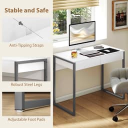 High Gloss Home Office Desk, 39" x 20" Computer Desk with 2 Drawers for Small Spaces, White and Grey