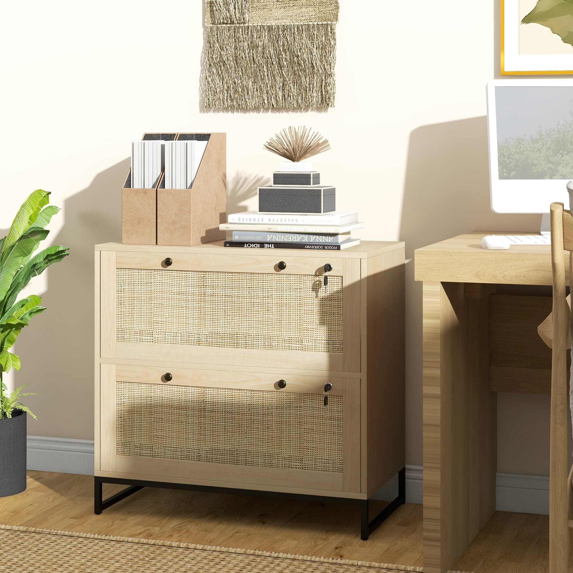 2-Drawer Filing Cabinet with Lock, Rattan File Cabinet with Adjustable Hanging Bar, Natural