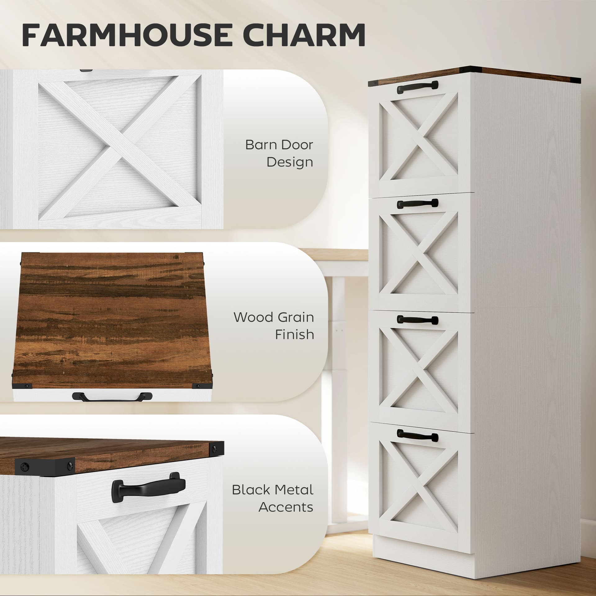 4 Drawer File Cabinet with Silent Slides, Vertical Farmhouse Filing Cabinet Fits Letter/A4 Size Home Office, White