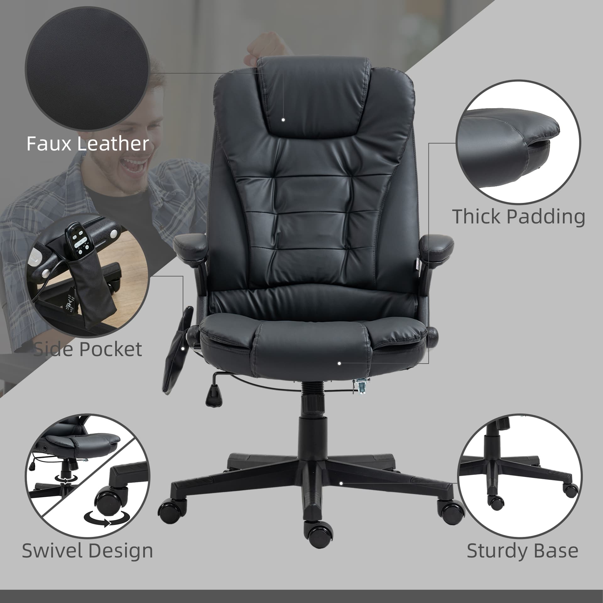 Executive Massage Chairs Heated High Back Reclining Office Chair Swivel Leather Adjustable Vibrating Furniture Black