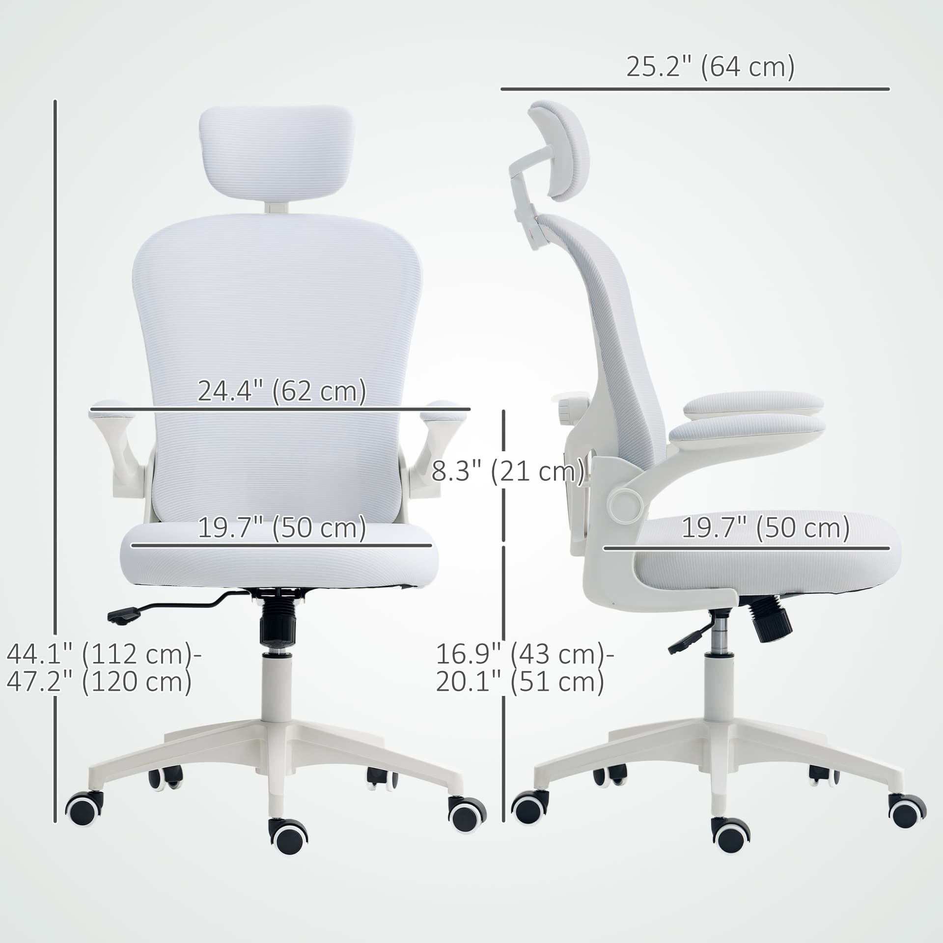 Office Chair, Mesh Computer Desk Chair with Adjustable Headrest, 4D Lumbar Support, Flip-up Arm, White