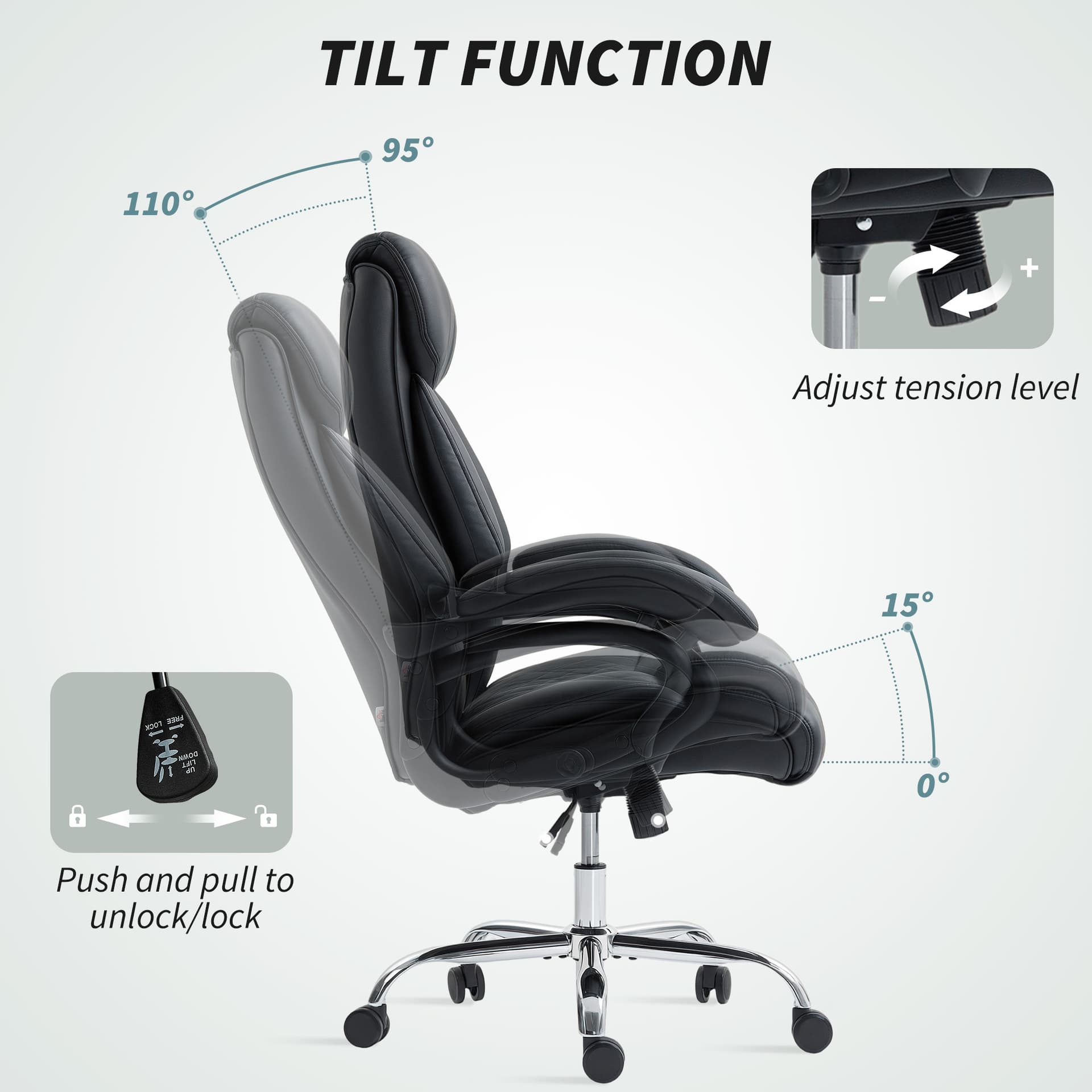 Office Chair with Spring Padding, PU Leather Computer Chair with Quiet Swivel Wheels, High Back, Black