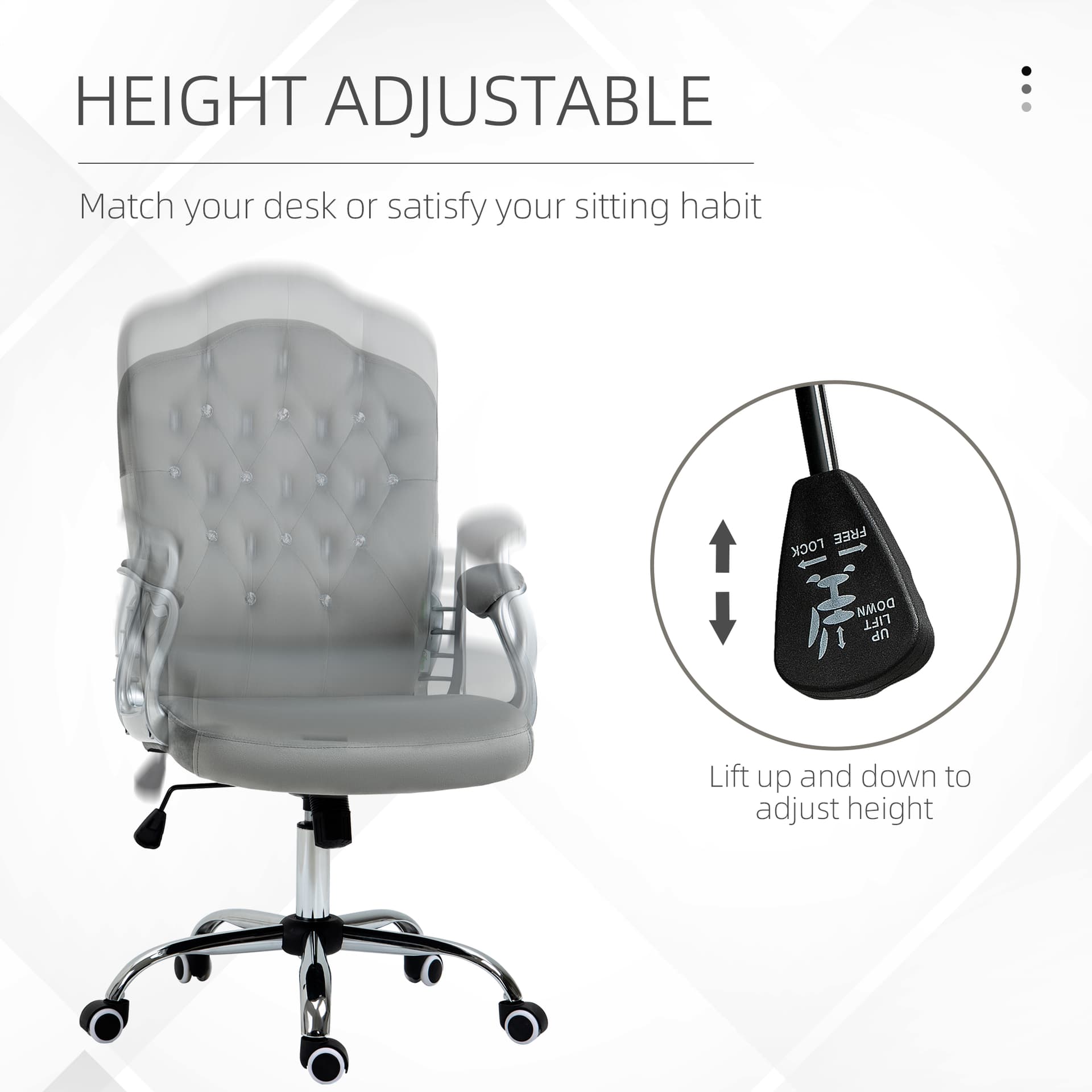 Office Chair, Velvet Computer Desk Chair with Swivel Wheels, Adjustable Height, Tilt Function, Button Tufted, Grey