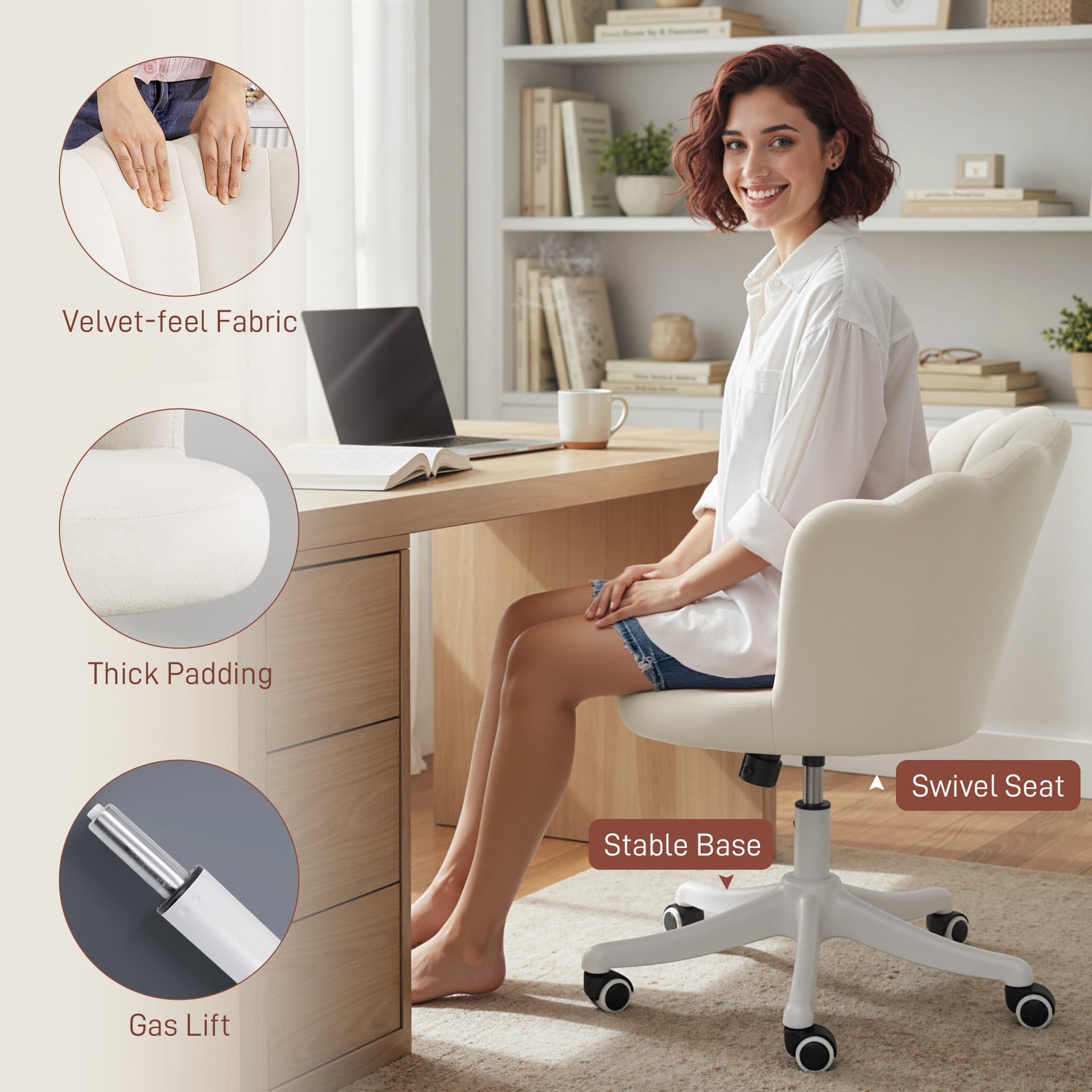 Office Chair, Armless Swivel Desk Chair with Adjustable Height, Backrest, Tilt Function for Office, Vanity, Cream