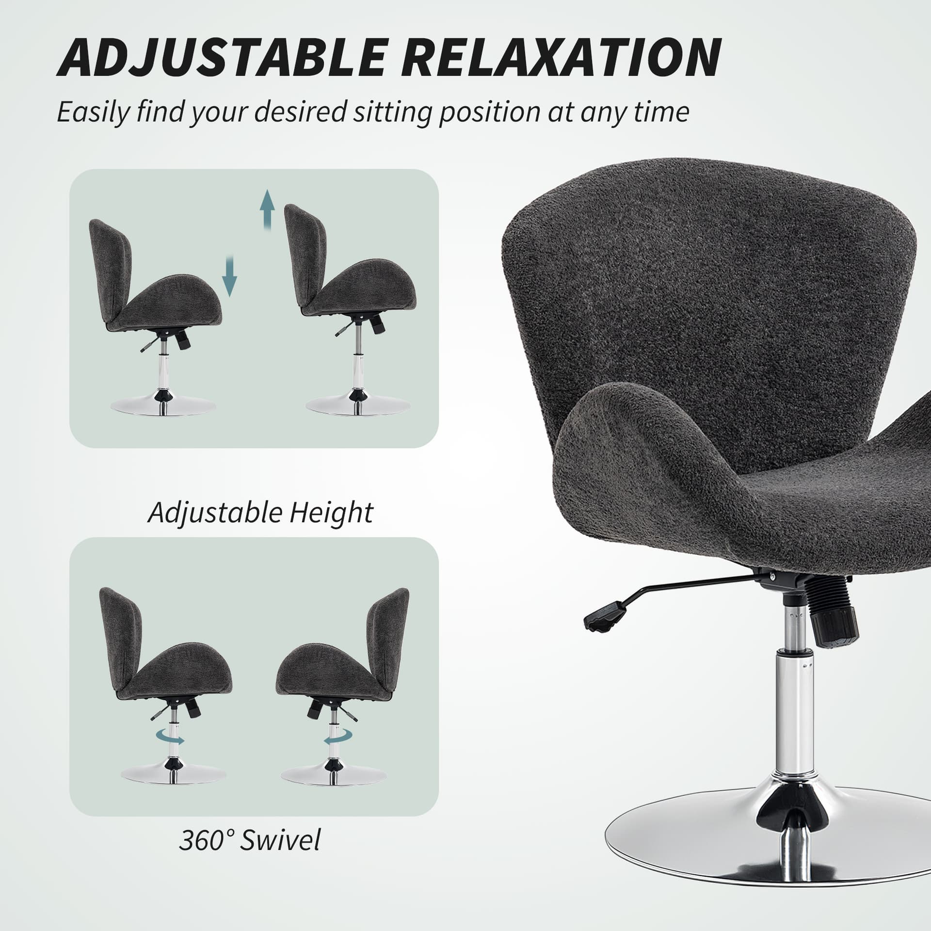 Swivel Office Chair, Velvet Desk Chair with Wide Bucket Seat, Butterfly Back, Tilt Function and Round Base, Dark Grey