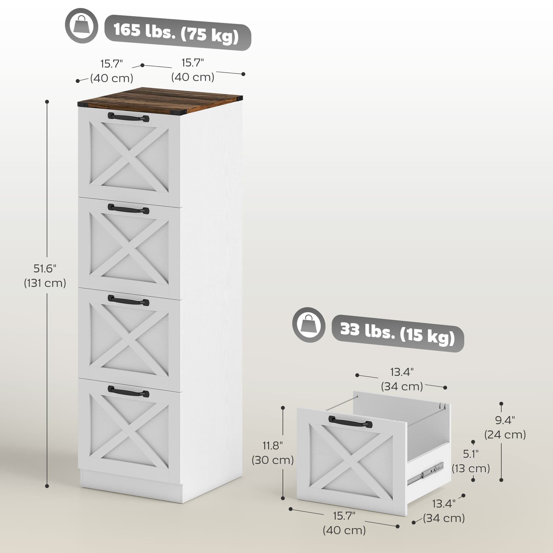 4 Drawer File Cabinet with Silent Slides, Vertical Farmhouse Filing Cabinet Fits Letter/A4 Size Home Office, White