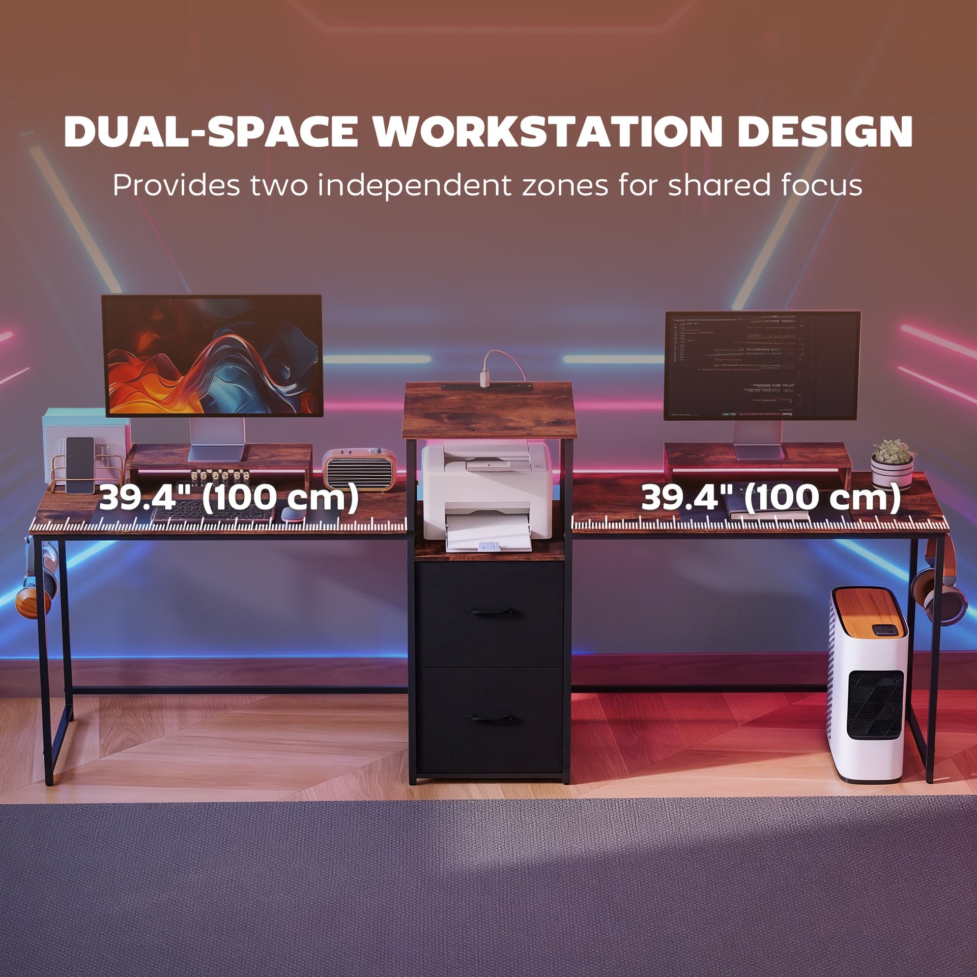 96 Inch Gaming Desk, Dual Computer Desk for 2 Person with Power Outlets and Monitor Stands, Rustic Brown