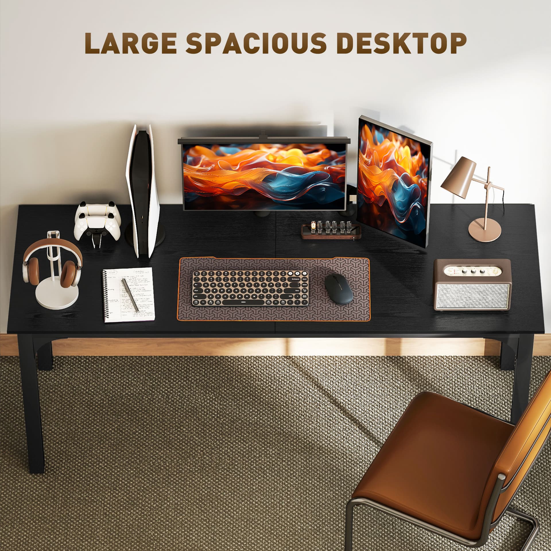 71" Computer Desk, Desktop Desk with Metal Legs, Distressed Black