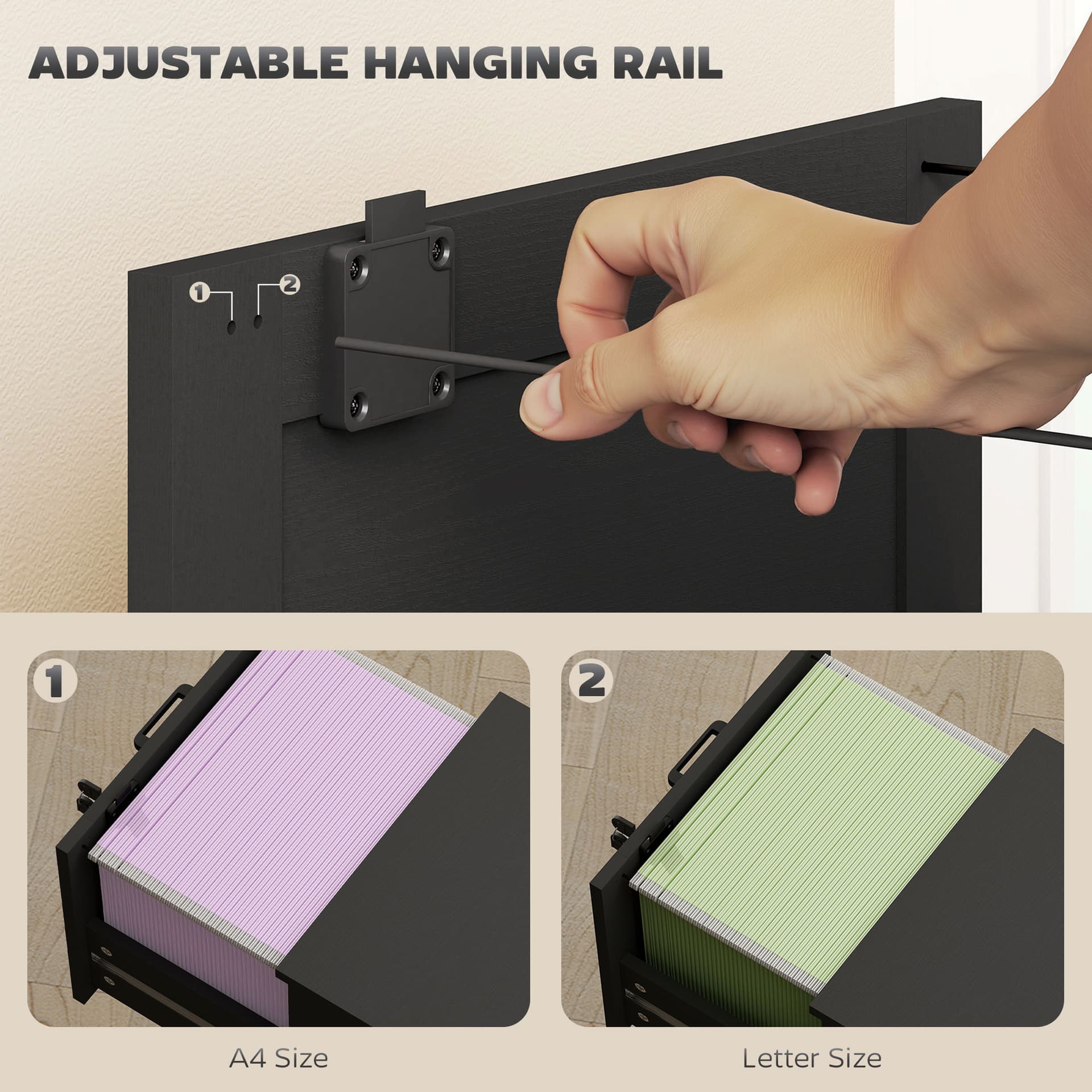 Vertical Filing Cabinet with 3 Drawers, Lock, File Cabinet for Home Office, A4 and Letter Size Files, Black