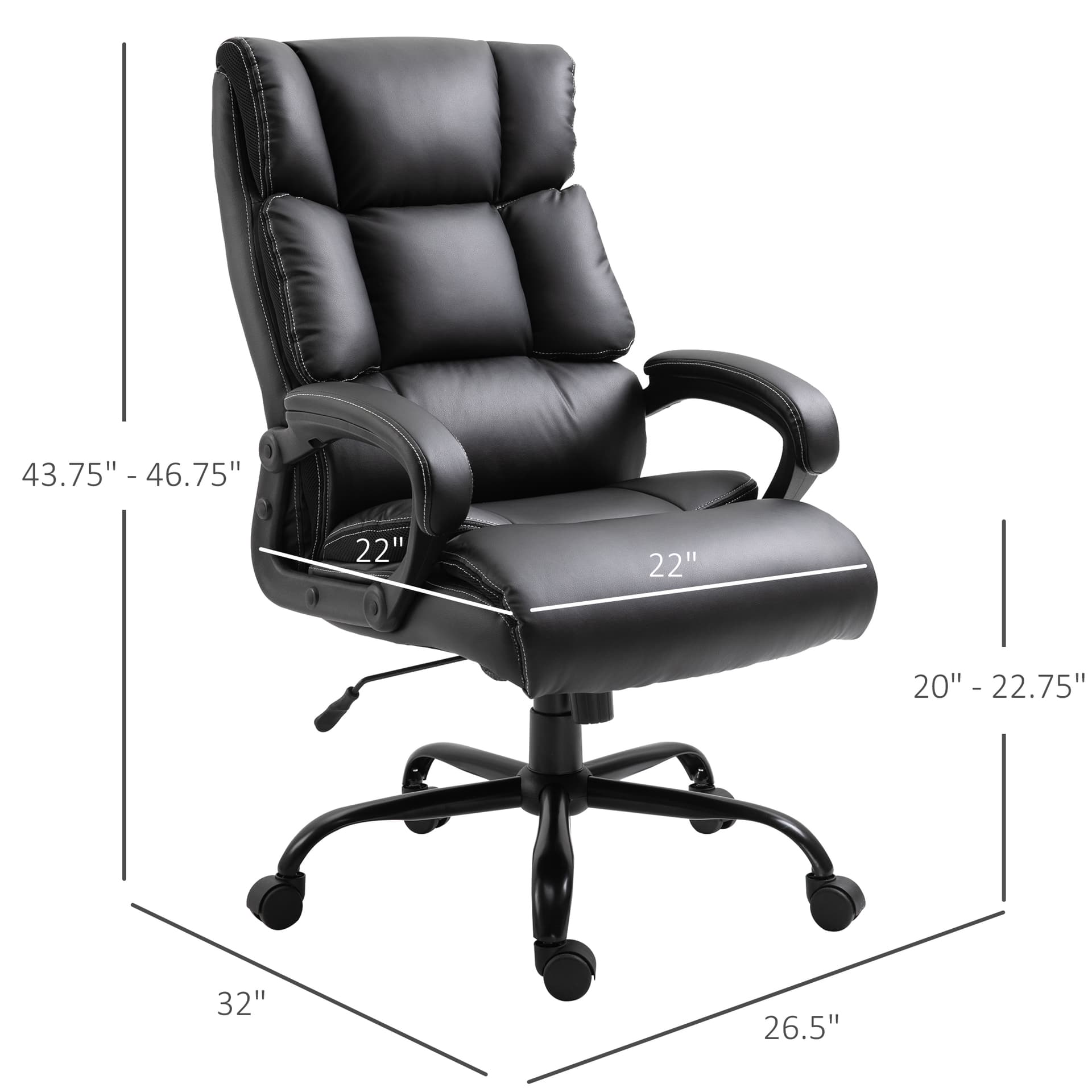 Ergonomic Heavy-Duty Office Chair with Adjustable Height, PU Leather, Rocker, 360° Swivel, 400lbs Capacity, Black