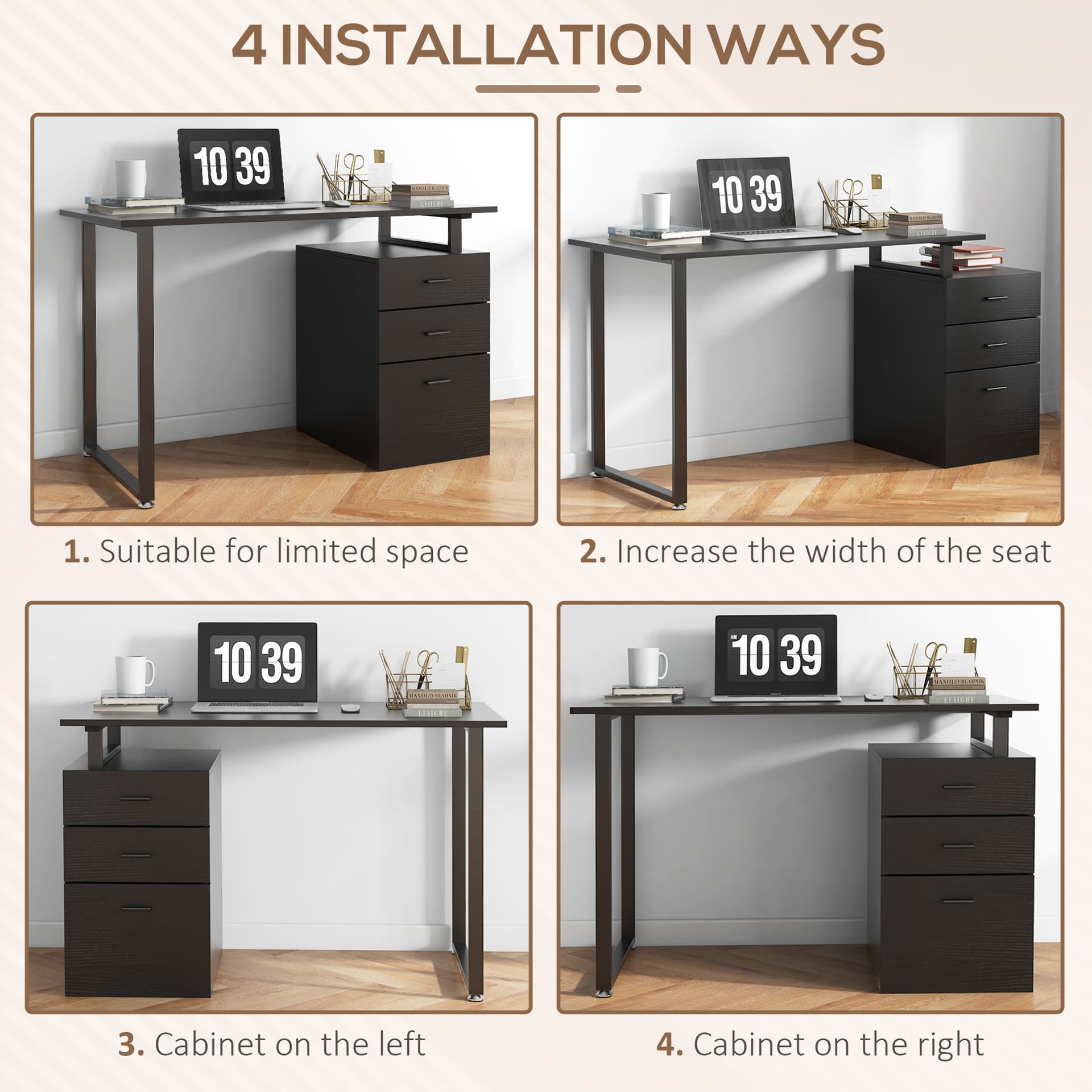 47" Computer Desk with Drawers, Modern Writing Desk with Storage File Drawers for Home Office, Study, Black