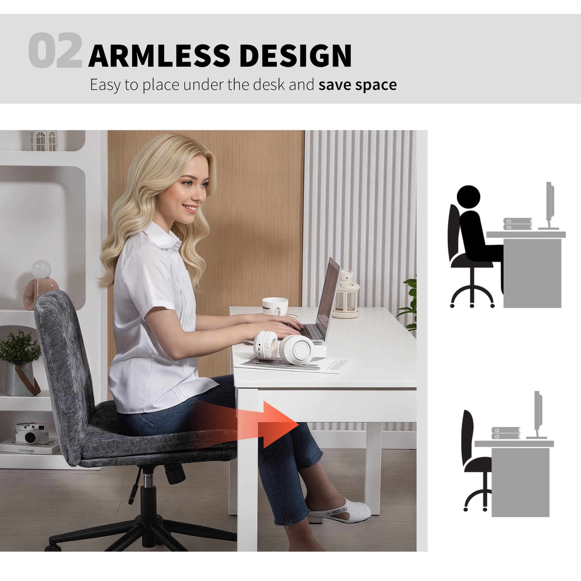 Criss Cross Chair with Wheels, Wide Office Chair with No Arms, Adjustable Height, Tilting, Grey