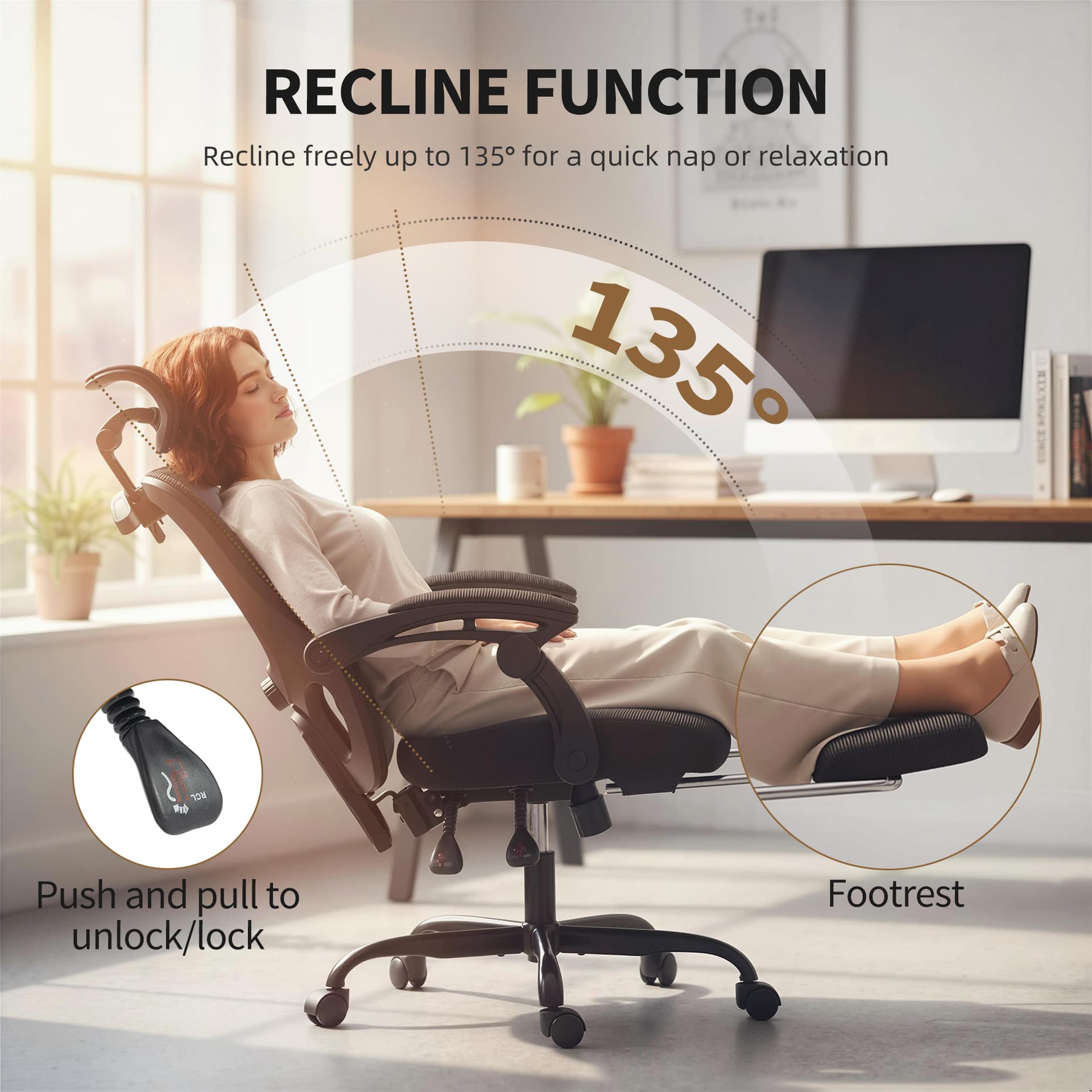 Office Chair, Ergonomic Mesh Computer Desk Chair with Adjustable Headrest, Lumbar Support, Black