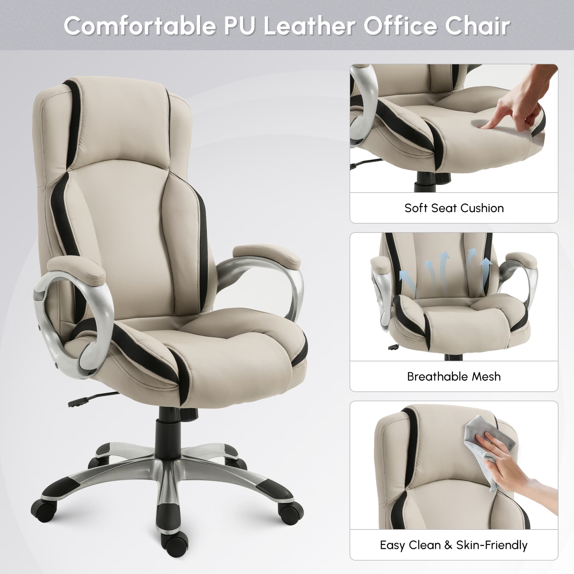 Ergonomic Office Chair PU Leather Executive on Rolling Wheels Task Computer Height Adjustable Swivel Ergonomic, Greige and Black