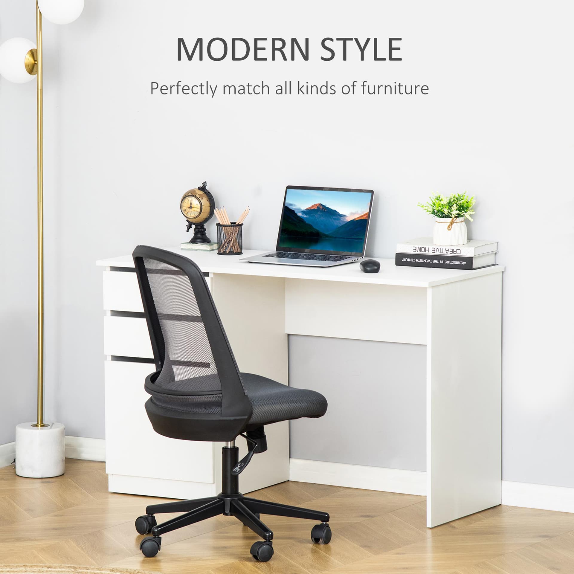 Modern Computer Desk, Home Office Desk for Study, Writing Workstation with Storage Drawer and Cabinet for Living Room, White