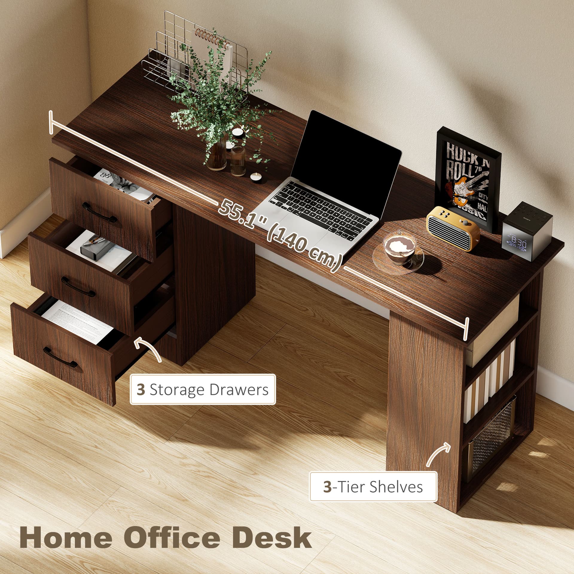 Computer Desk, 55" Writing Table with 3-Tier Shelves and 3 Reversible Drawers for Home Office, Bedroom, Walnut