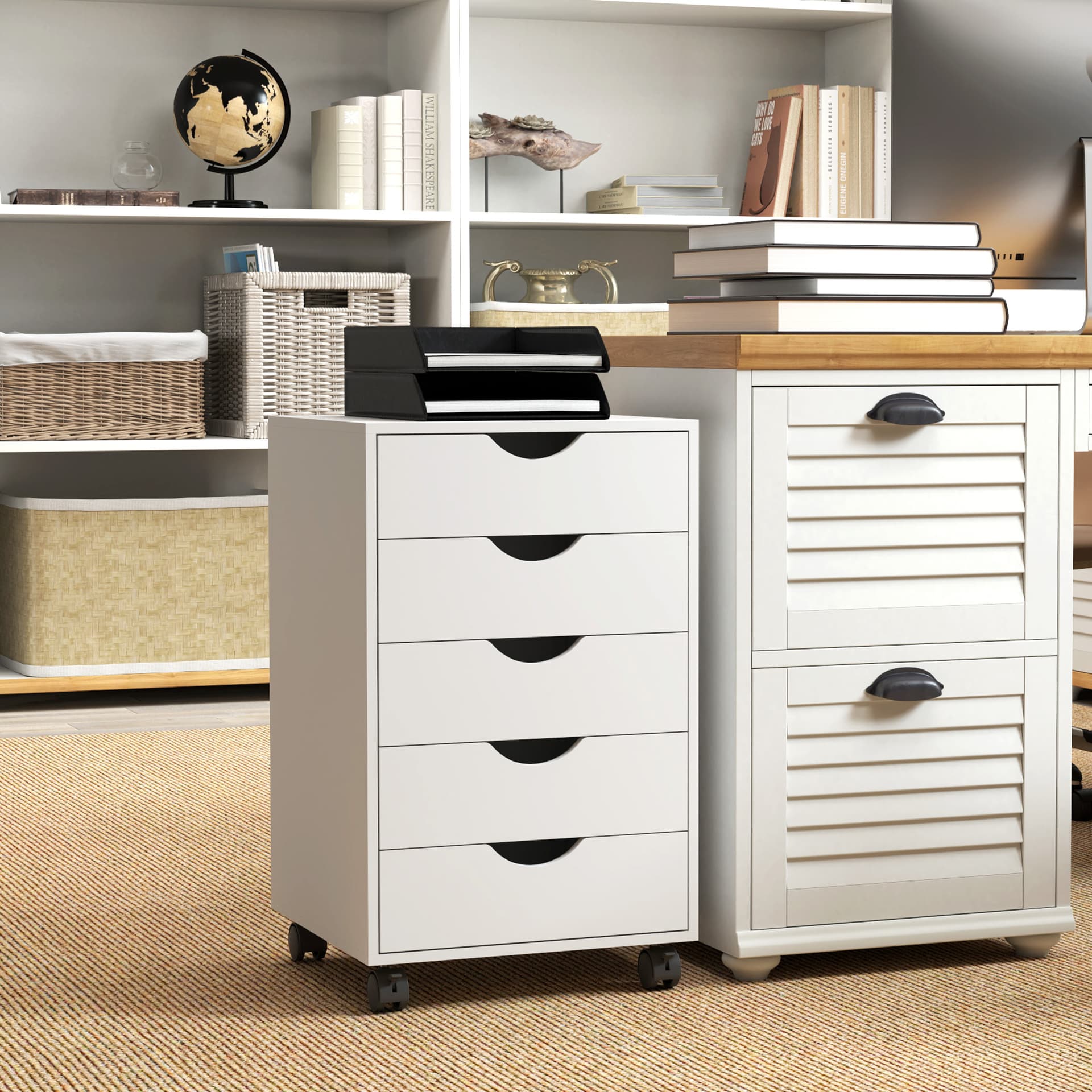 File Cabinet with 5 Drawer Wheels, 15.7" x 15.7" x 26.4", White