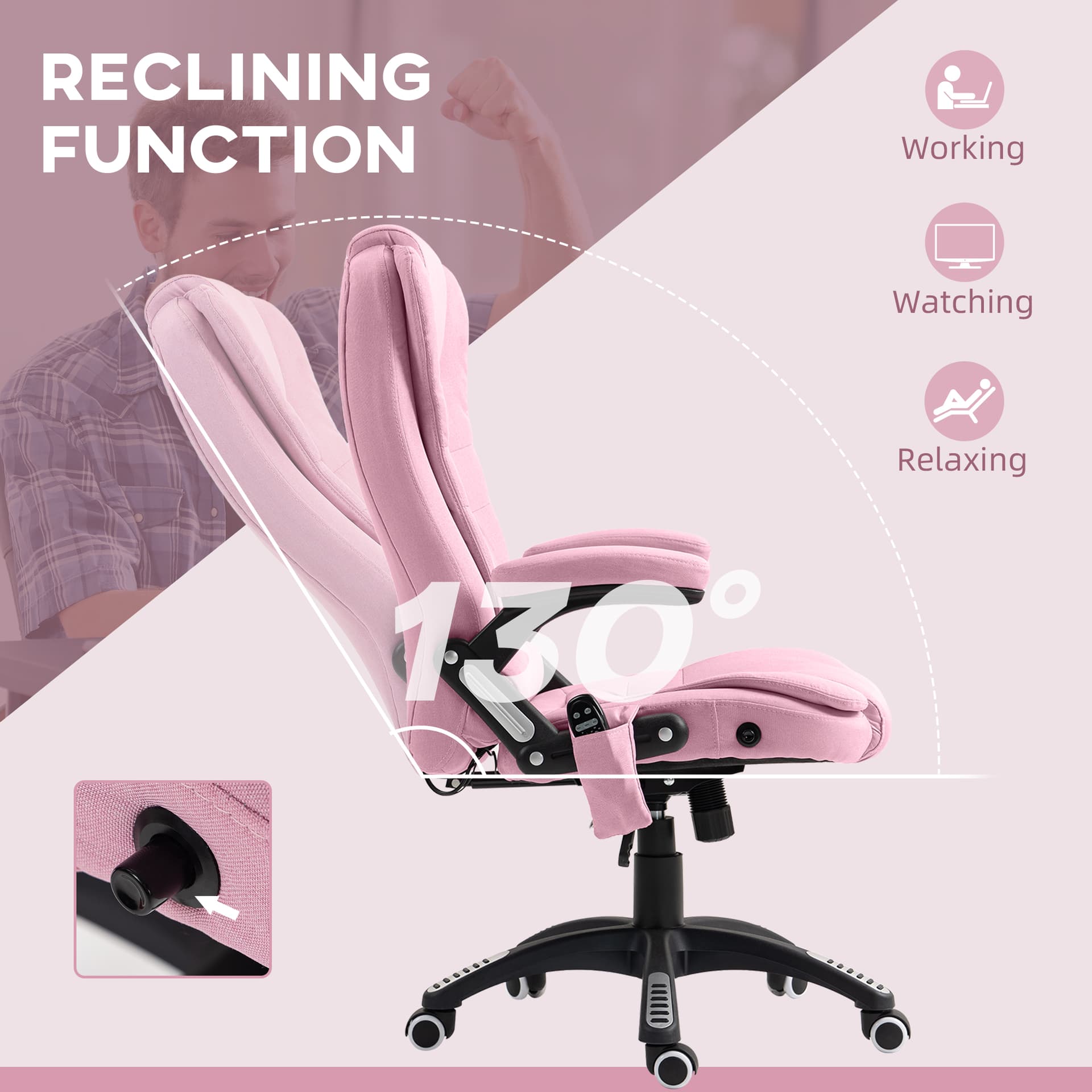 6 Point Vibrating Massage Home Office Chair High Back Executive Chair with Reclining Back, Swivel Wheels, Pink