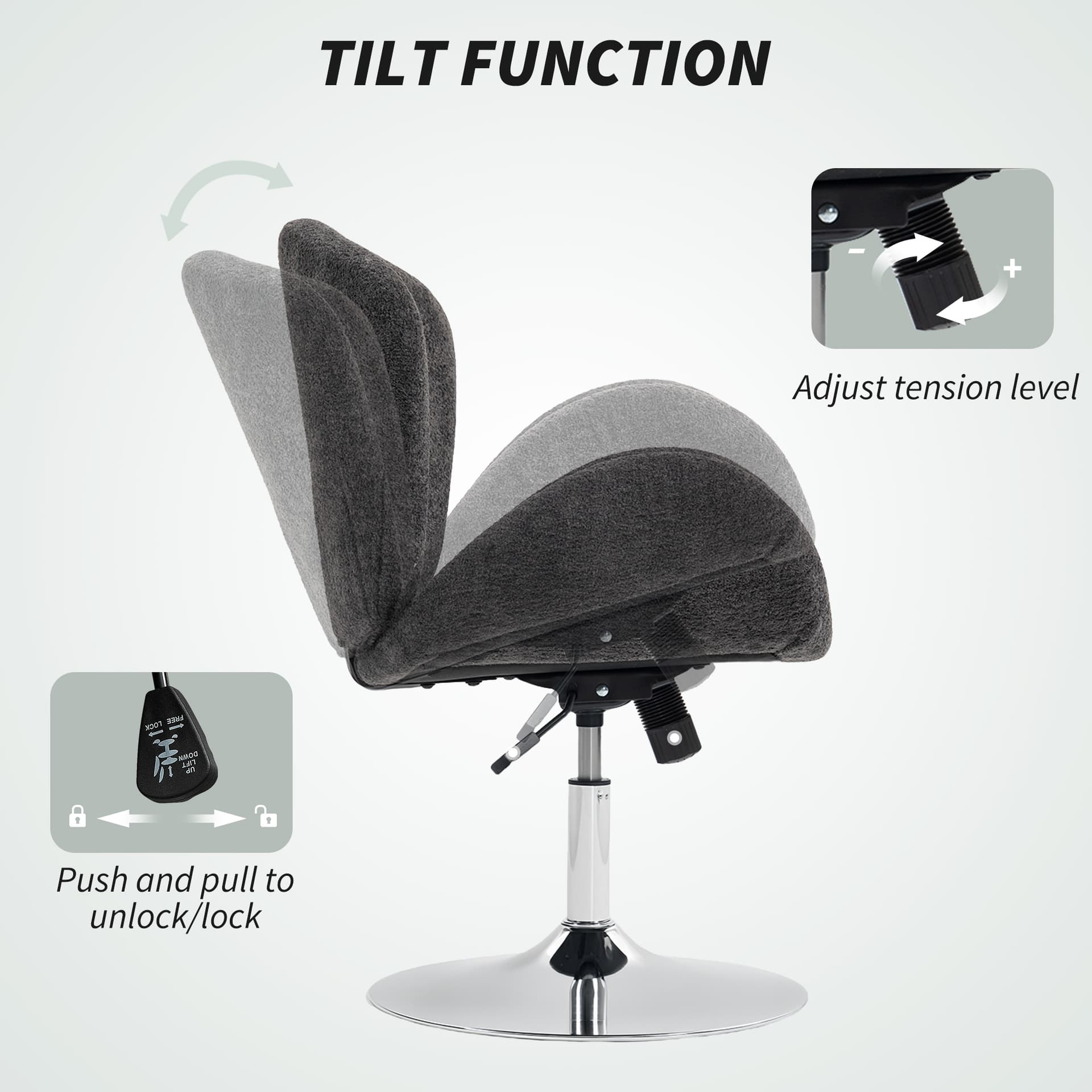 Swivel Office Chair, Velvet Desk Chair with Wide Bucket Seat, Butterfly Back, Tilt Function and Round Base, Dark Grey