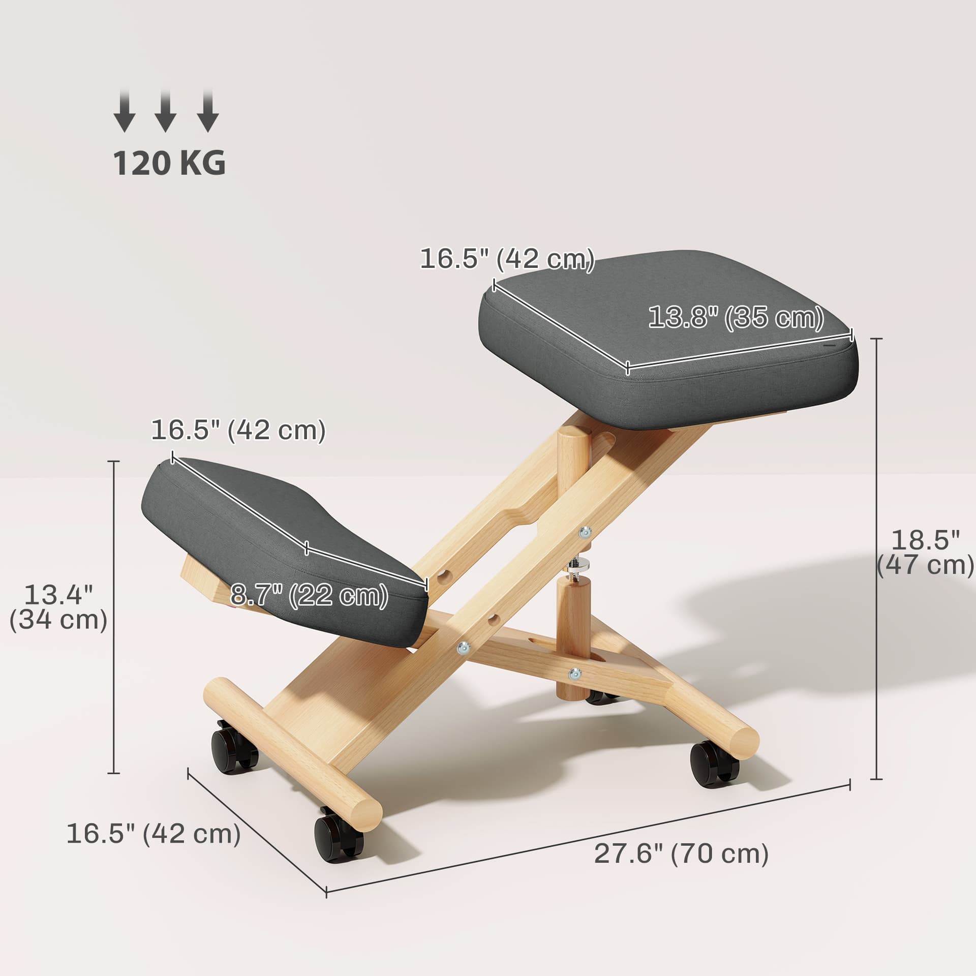 Ergonomic Kneeling Chair, Posture Chair with Rubberwood Frame, Wheels for Office, Posture Correction, Dark Grey
