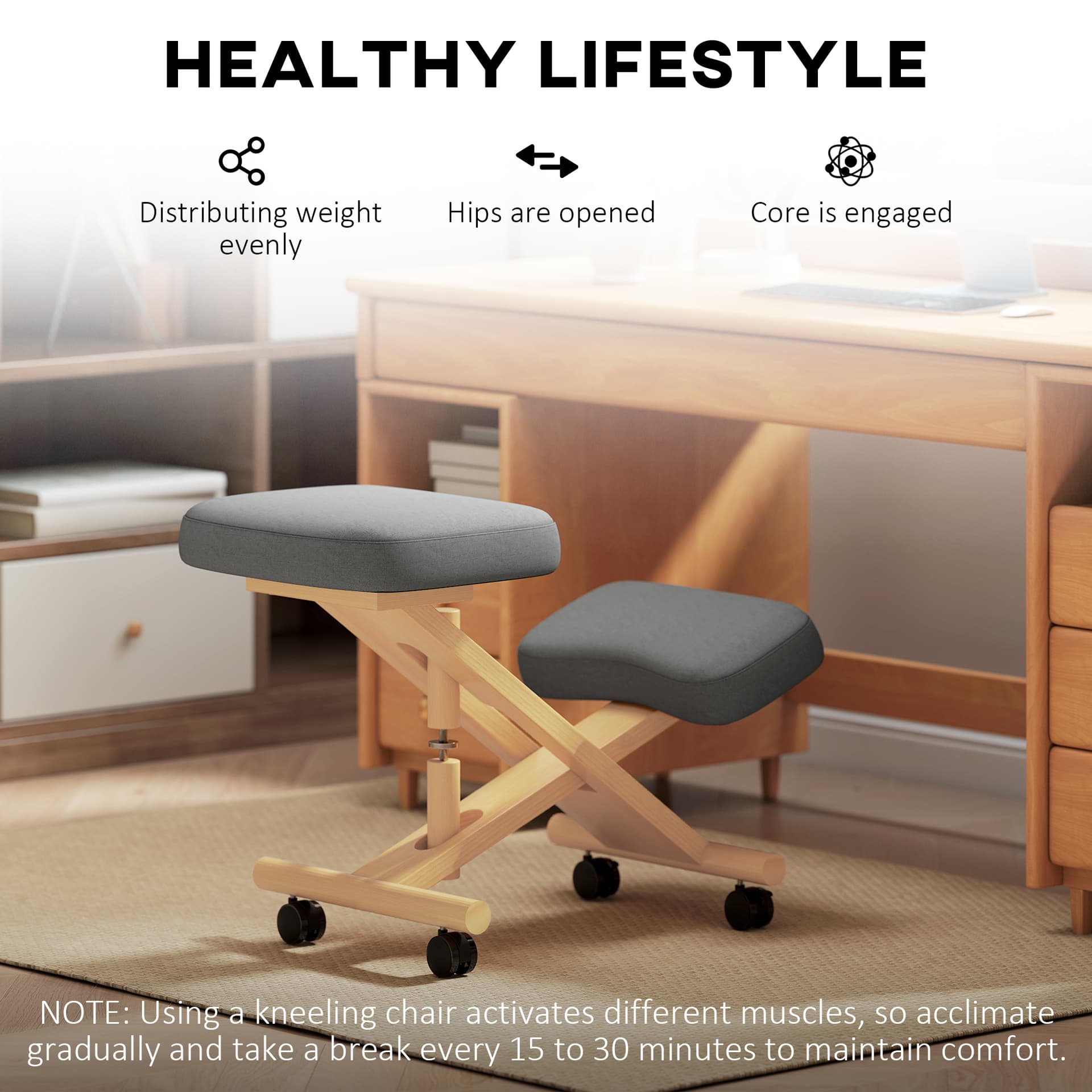 Ergonomic Kneeling Chair, Posture Chair with Rubberwood Frame, Wheels for Office, Posture Correction, Dark Grey