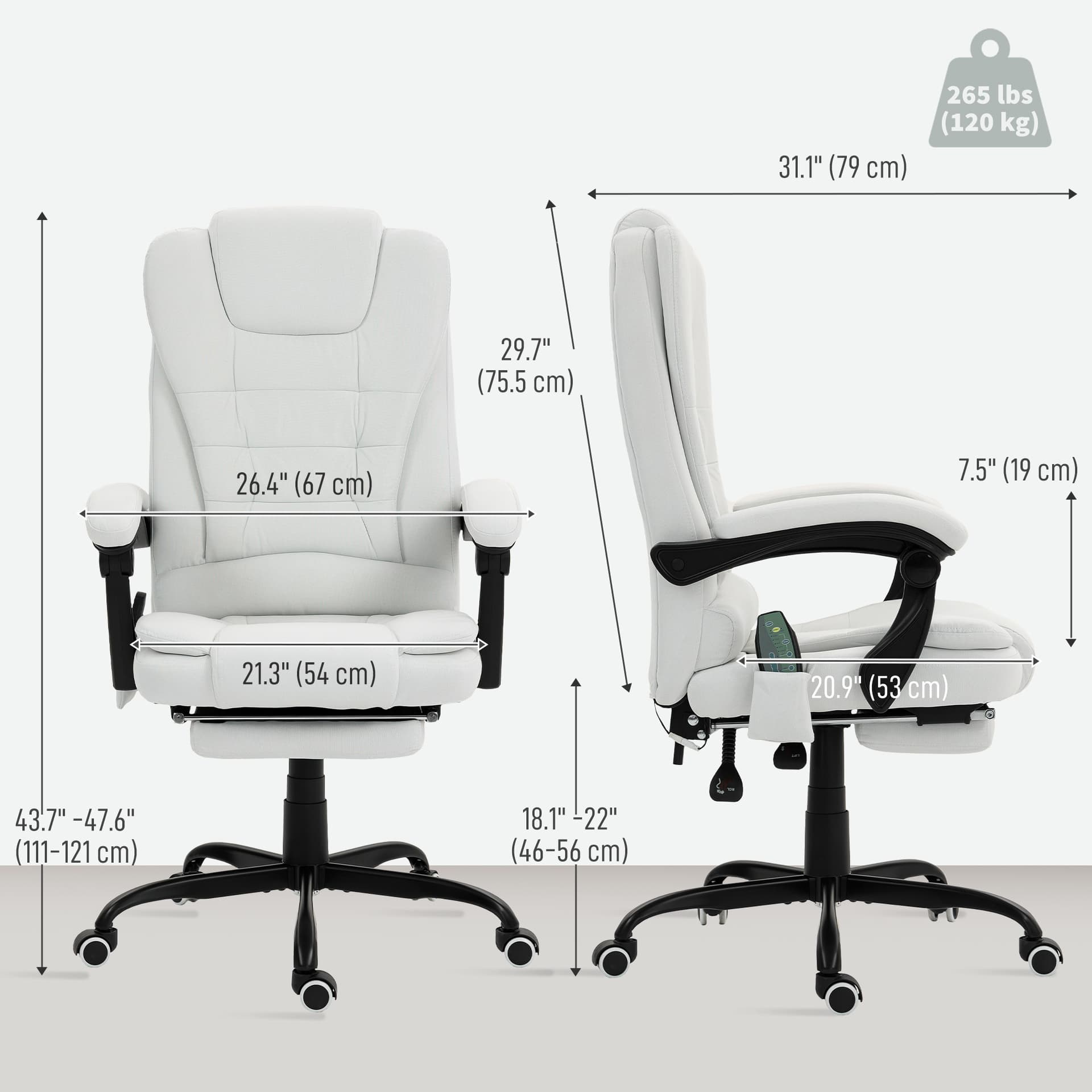 7-Point Vibrating Massage Chair, Reclining Office Chair with Footrest, Reclining Back, Adjustable Height, White