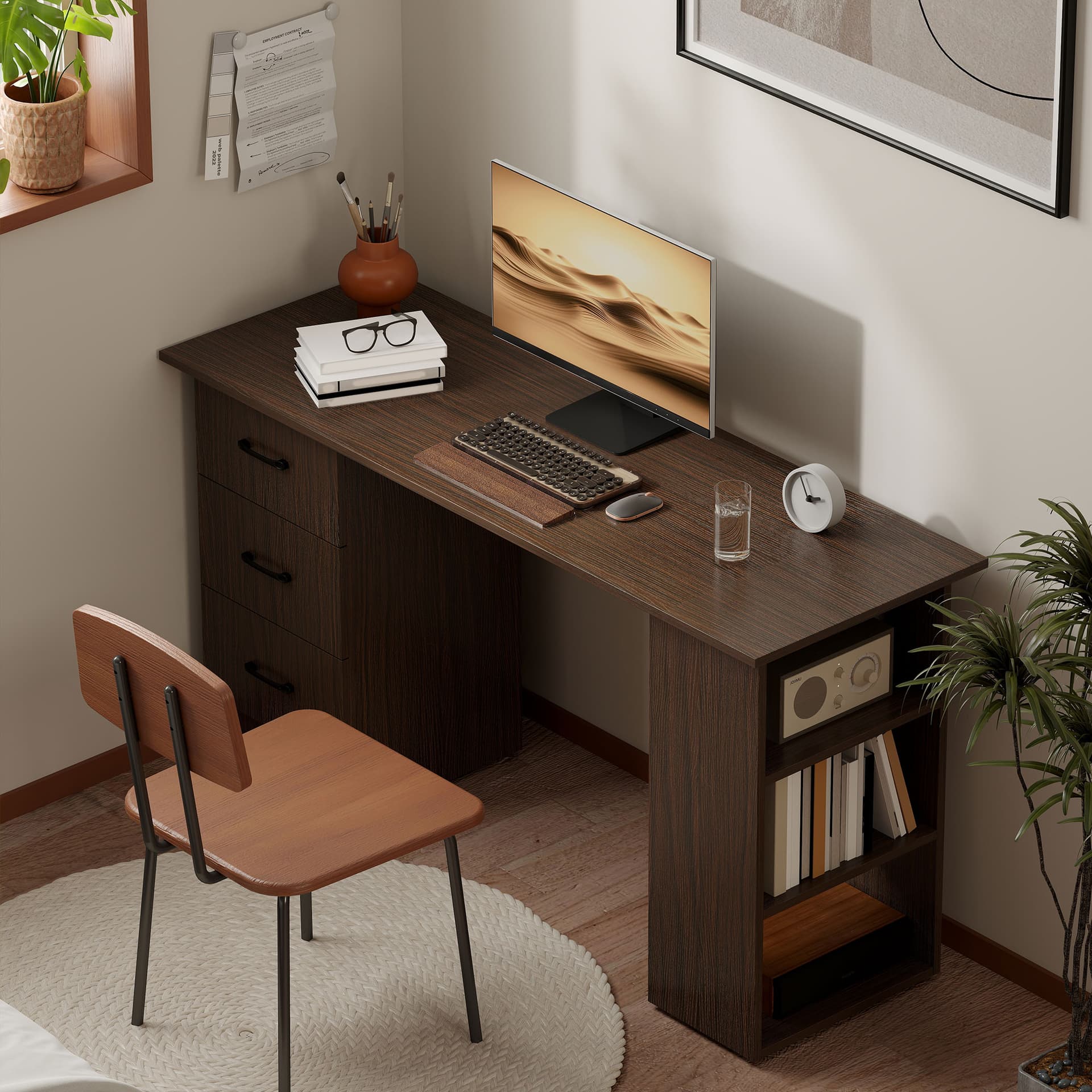 Computer Desk, 55" Writing Table with 3-Tier Shelves and 3 Reversible Drawers for Home Office, Bedroom, Walnut