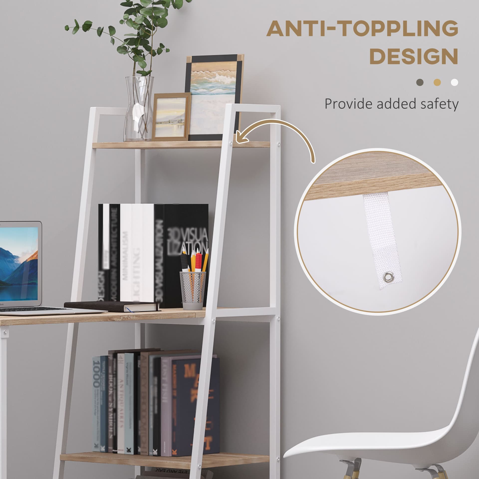 Computer Desk with Storage Sheves and Foldable Tabletop, Writing Desk for Home Office and Study, White, Natural