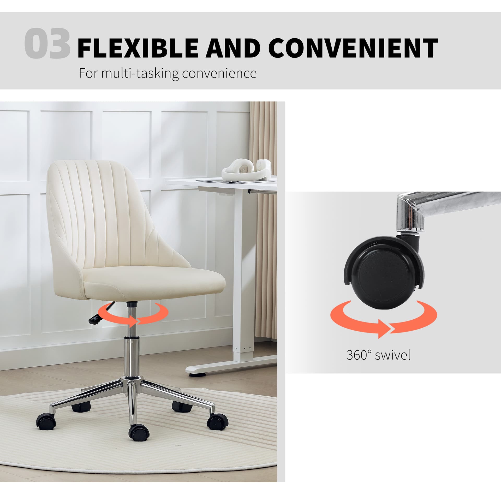 Vanity Chair for Makeup, Velvet Comfy Office Chair with Adjustable Height, Swivel Wheels for Bedroom, Living Room, Cream