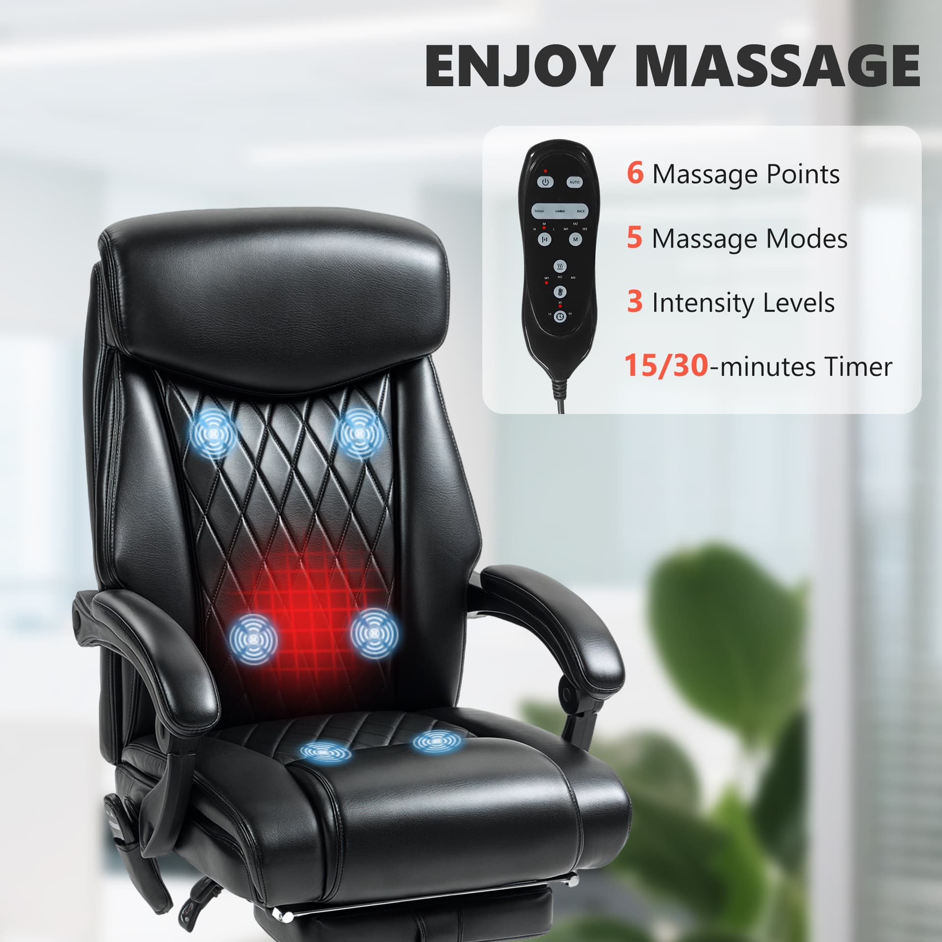 6 Point Massage Office Chair with Remote, Ergonomic Reclining Computer Desk Chair with Footrest, Side Pocket, Black