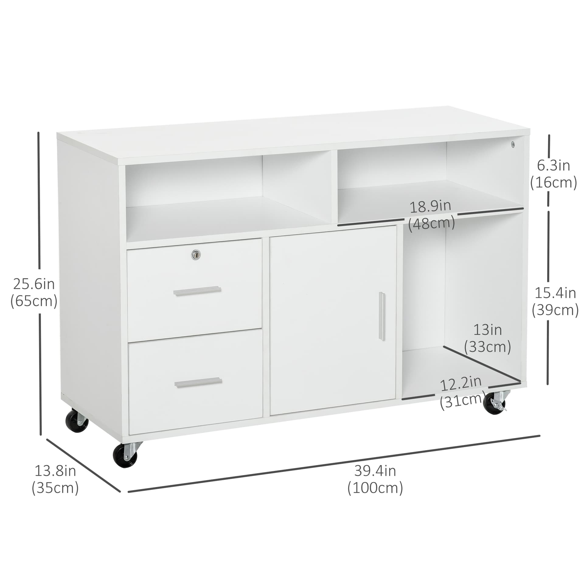 Lateral Filing Cabinet with Open Storage Shelf, Printer Stand Home Office Mobile File Cabinet with Wheels, Lockable Drawer, White