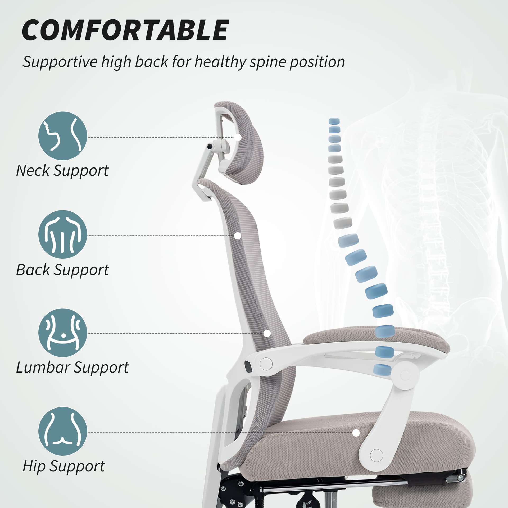 Ergonomic Office Chair, Mesh Reclining Desk Chair with Adjustable Lumbar Support, Headrest, Grey