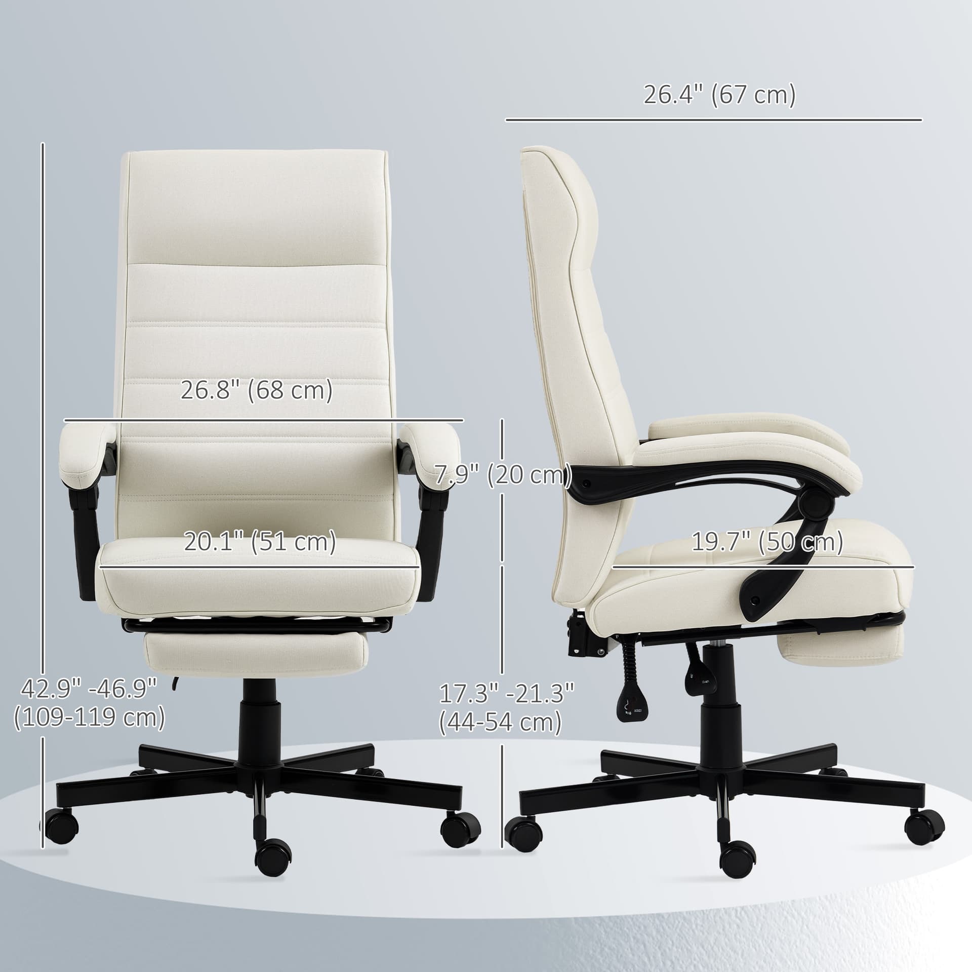 Office Chair, High Back Desk Chair, Swivel Recliner with Adjustable Height, Footrest and Padded Armrest, Cream White