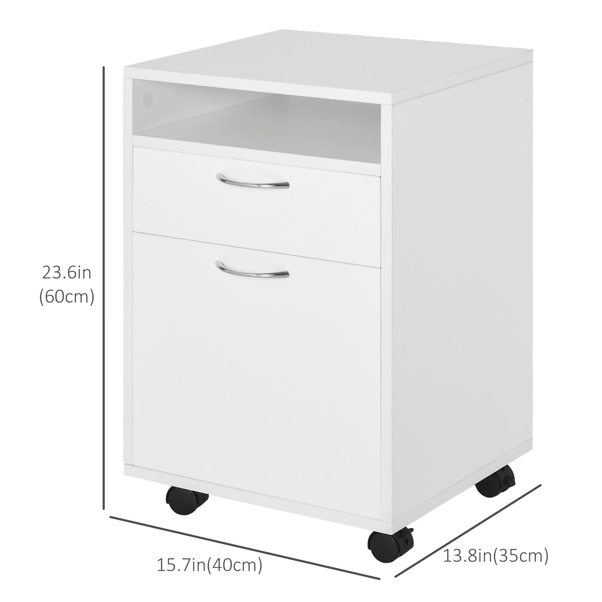 24" Small Filing Cabinet with Open Compartment, Drawer and Wheels, Home Office Storage Cabinet, White