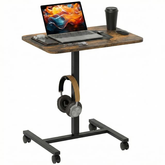 Height Adjustable Standing Desk, Pneumatic Sit Stand Desk with Wheels and Headphone Hook, Rustic Brown