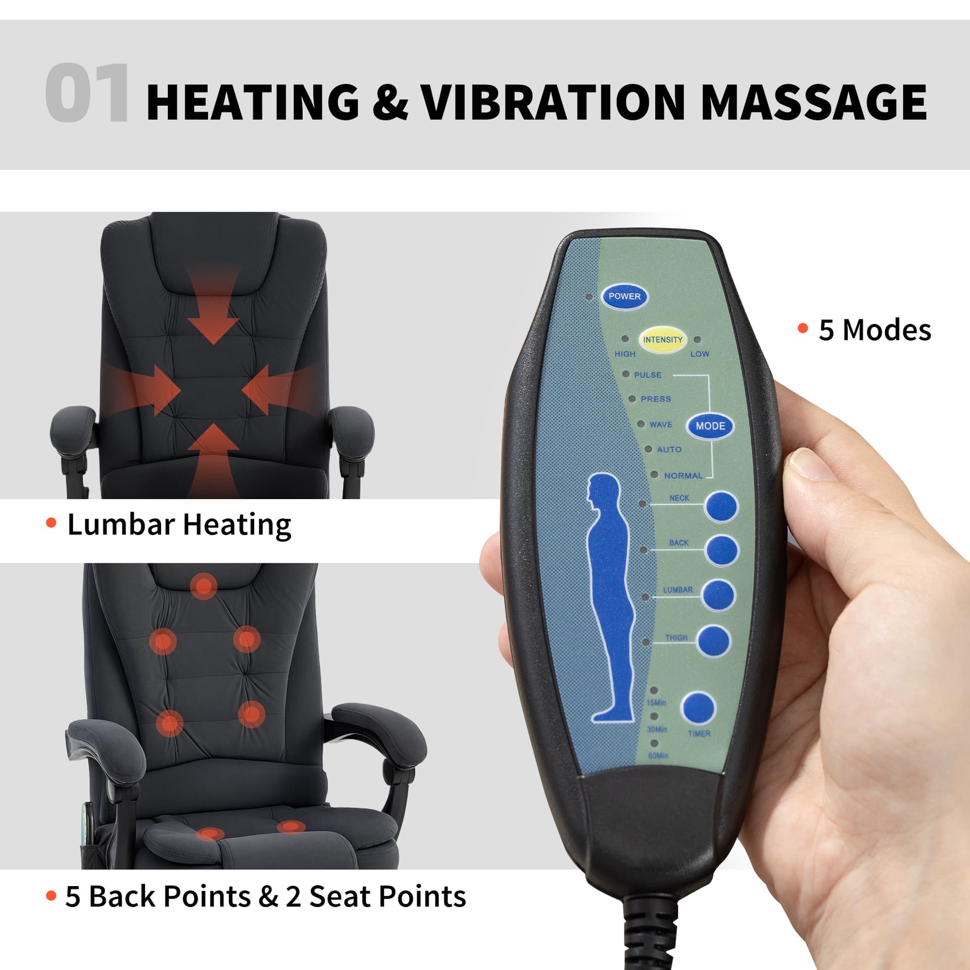 7-Point Vibrating Massage Chair, Reclining Office Chair with Footrest, Reclining Back, Adjustable Height, Black