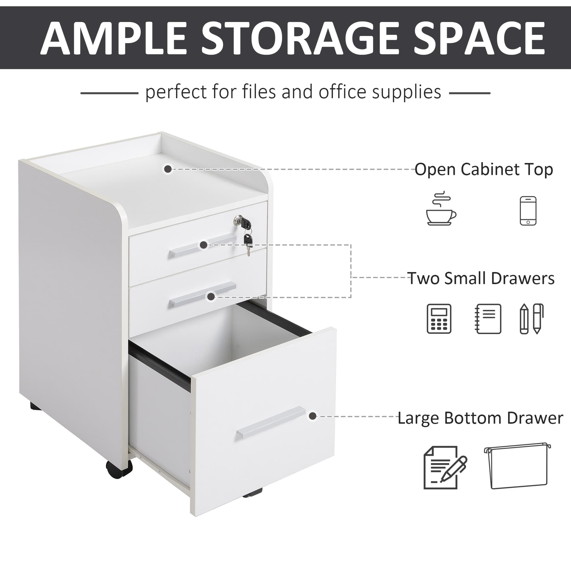 3 Drawer File Cabinet with Lock and Edged Top, Lockable Filing Cabinet on Wheels for Letter and A4 Size, White