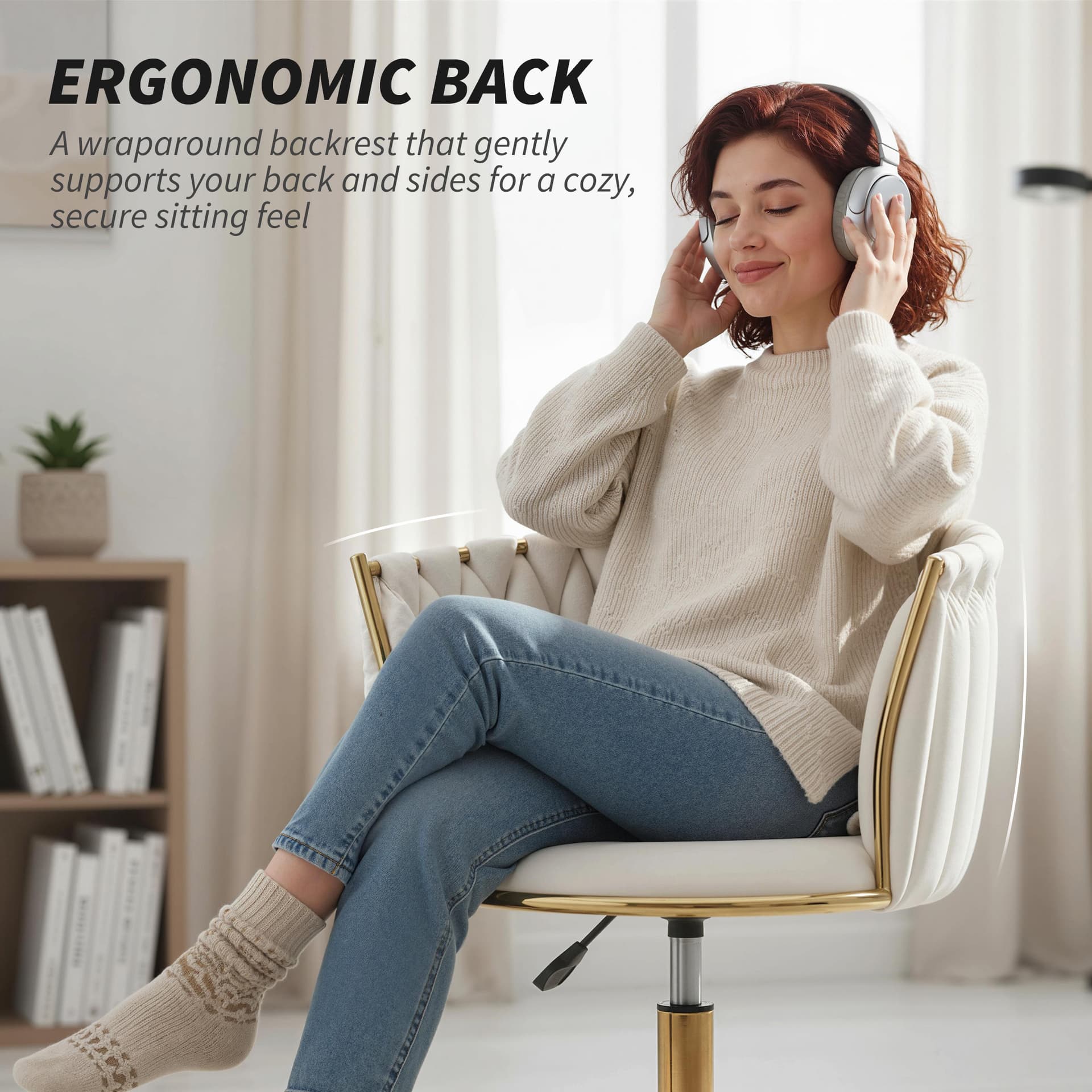 Office Chair, Vanity Chair with Woven Back, Adjustable Height, Rolling Wheels, Cream White