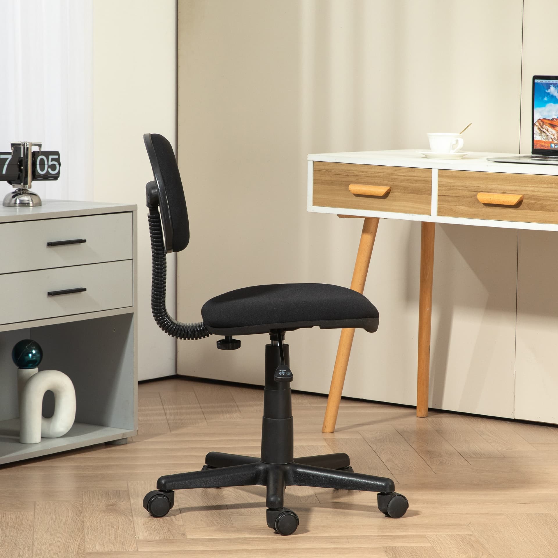 Small Desk Chair, Armless Office Chair with Adjustable Height, 360° Swivel Wheels, Low Back for Small Spaces, Black