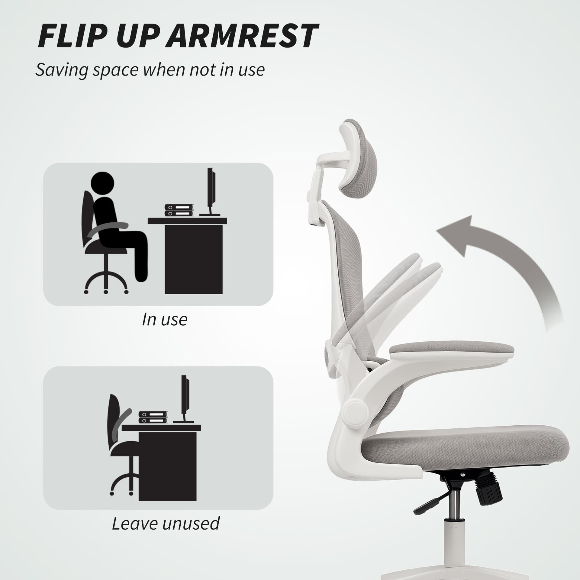 Ergonomic Mesh Office Chair, High Back Desk Chair with Rotatable Headrest, Flip-Up Armrests, Lumbar Support, Grey