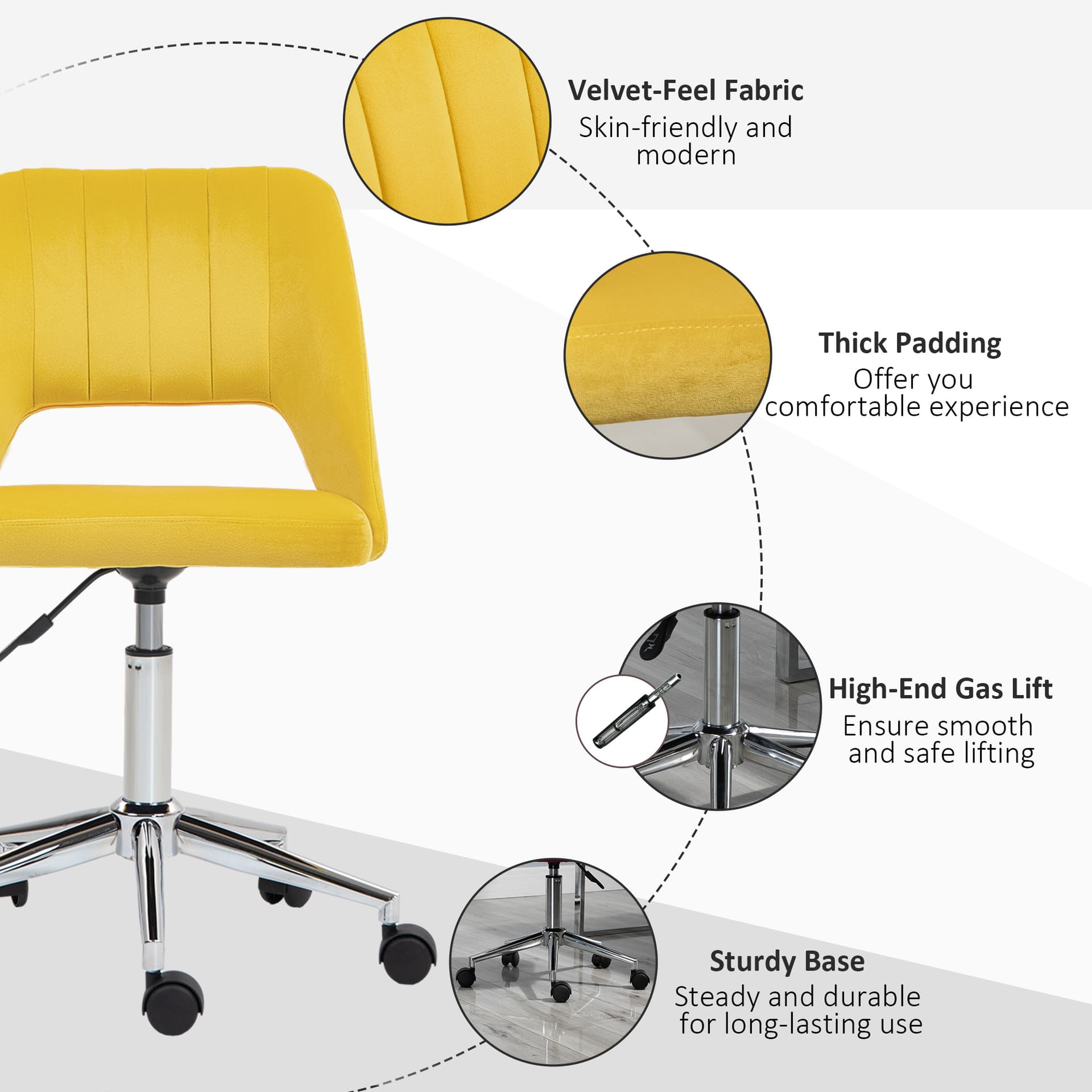 Mid Back Office Chair Velvet Fabric Swivel Scallop Shape Computer Desk Chair, Yellow