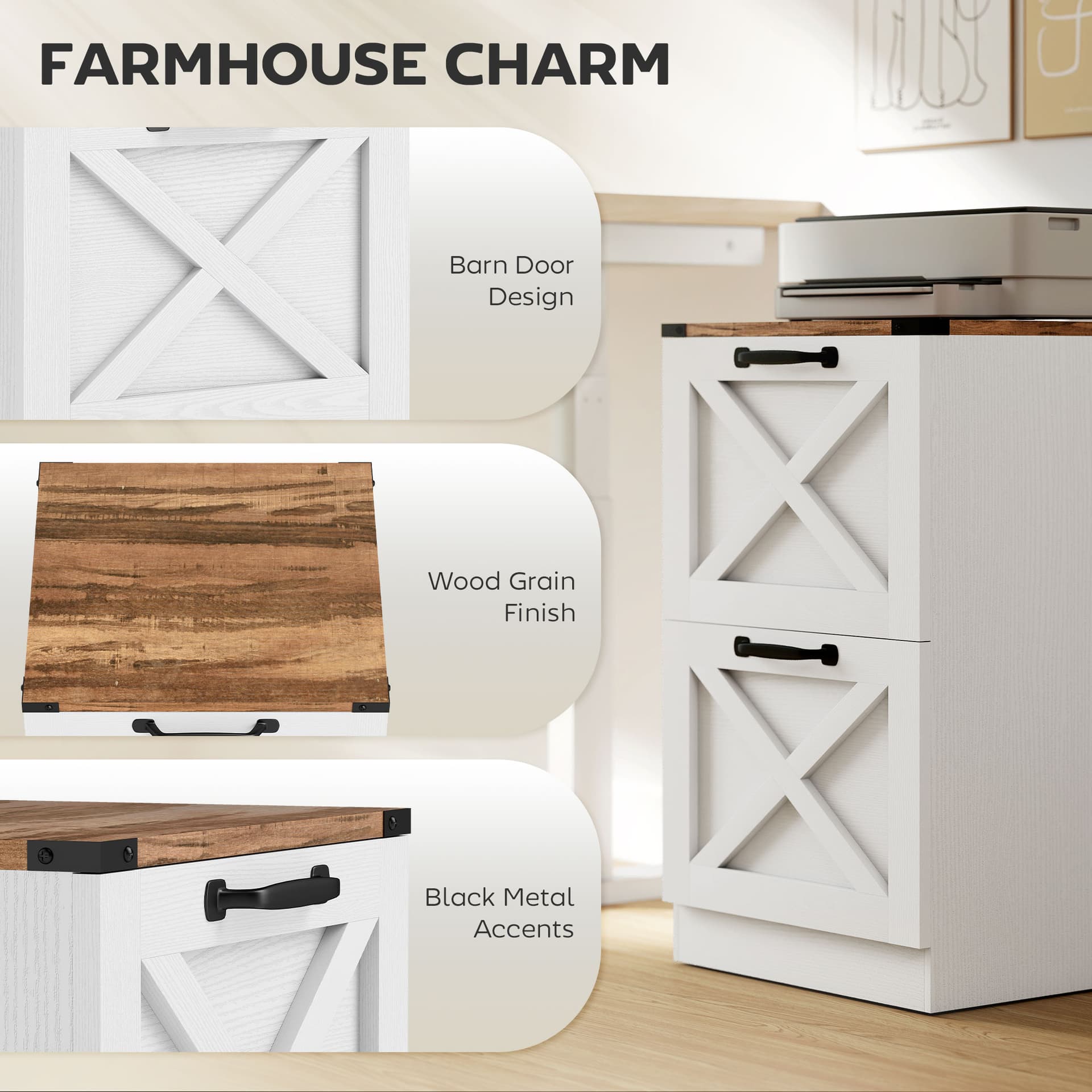 2 Drawer File Cabinet with Silent Slides, Vertical Farmhouse Filing Cabinet Fits Letter/A4 Size Home Office, White