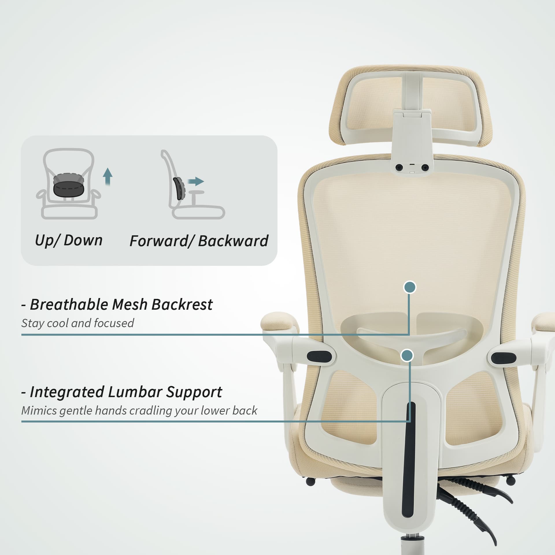 Ergonomic Office Chair, Mesh Reclining Desk Chair with Adjustable Lumbar Support, Headrest, Beige