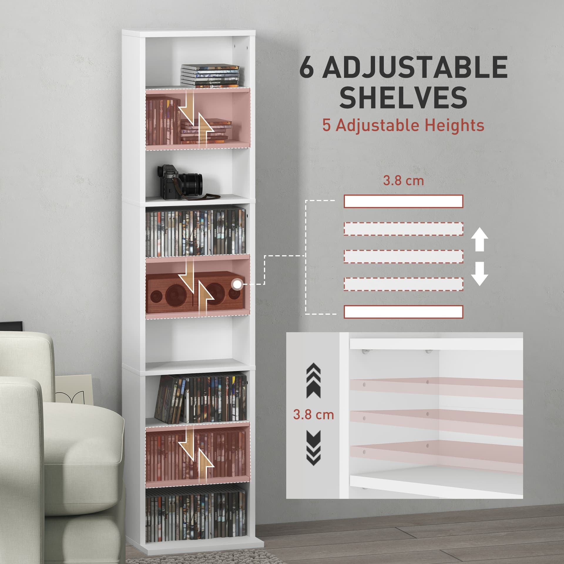 Media Storage Cabinet, 9-Tier Tall Narrow DVD Shelf with 6 Adjustable Shelves, White