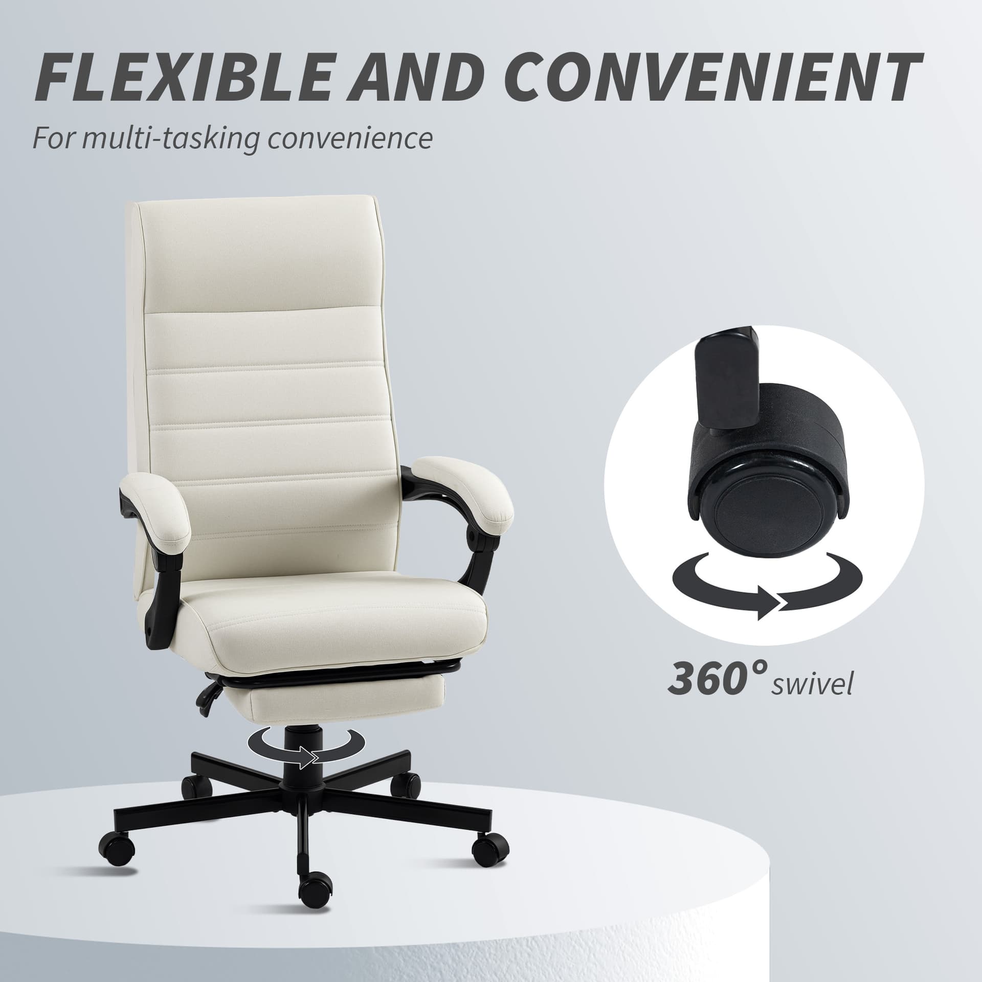 Office Chair, High Back Desk Chair, Swivel Recliner with Adjustable Height, Footrest and Padded Armrest, Cream White