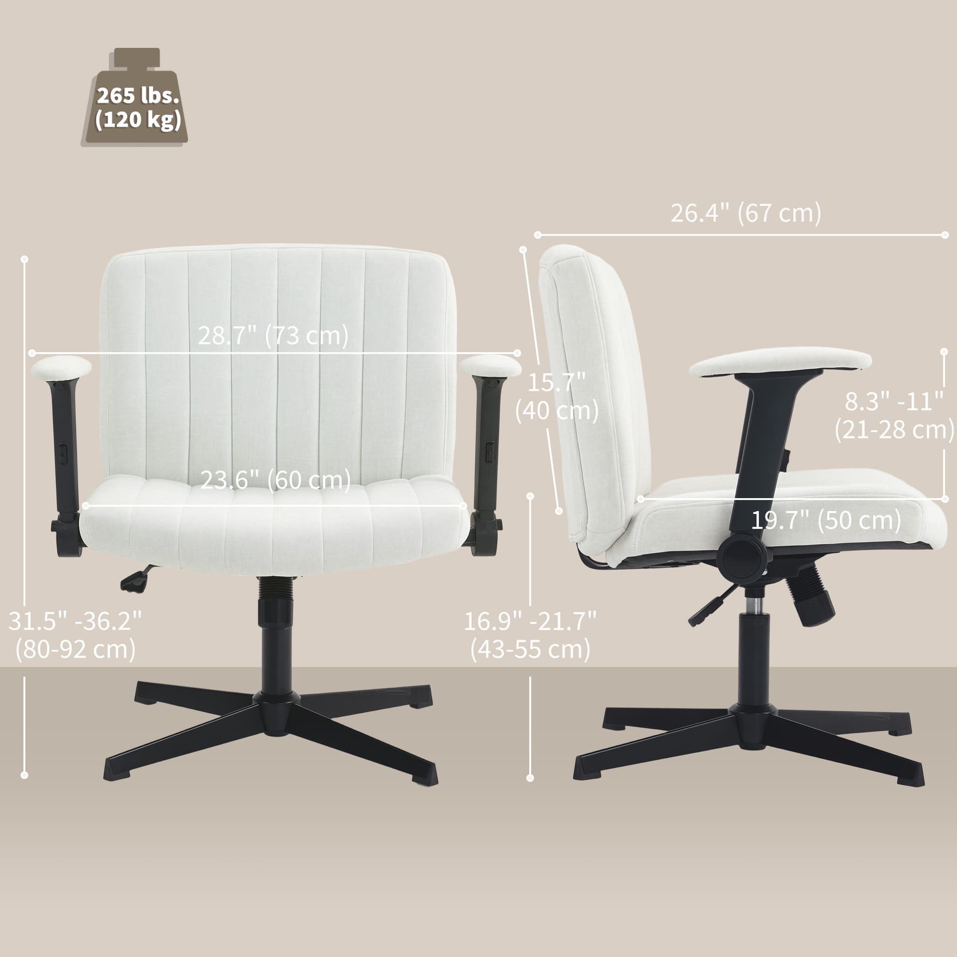 Criss Cross Chair with Flip-up Armrests, Wide Office Chair with Adjustable Height, Tilting, No Wheels, Beige